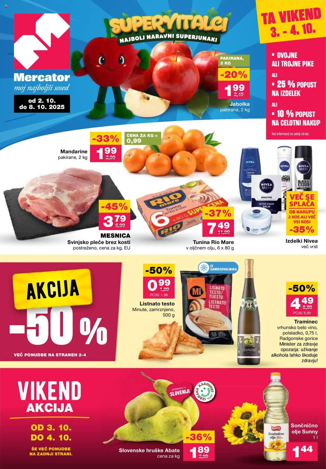Novi Mercator katalog ponudbe – veljaven od 02.10.2025 | Stran: 1 | Izdelki: Tuna, Olje, Jabolka, Mandarine