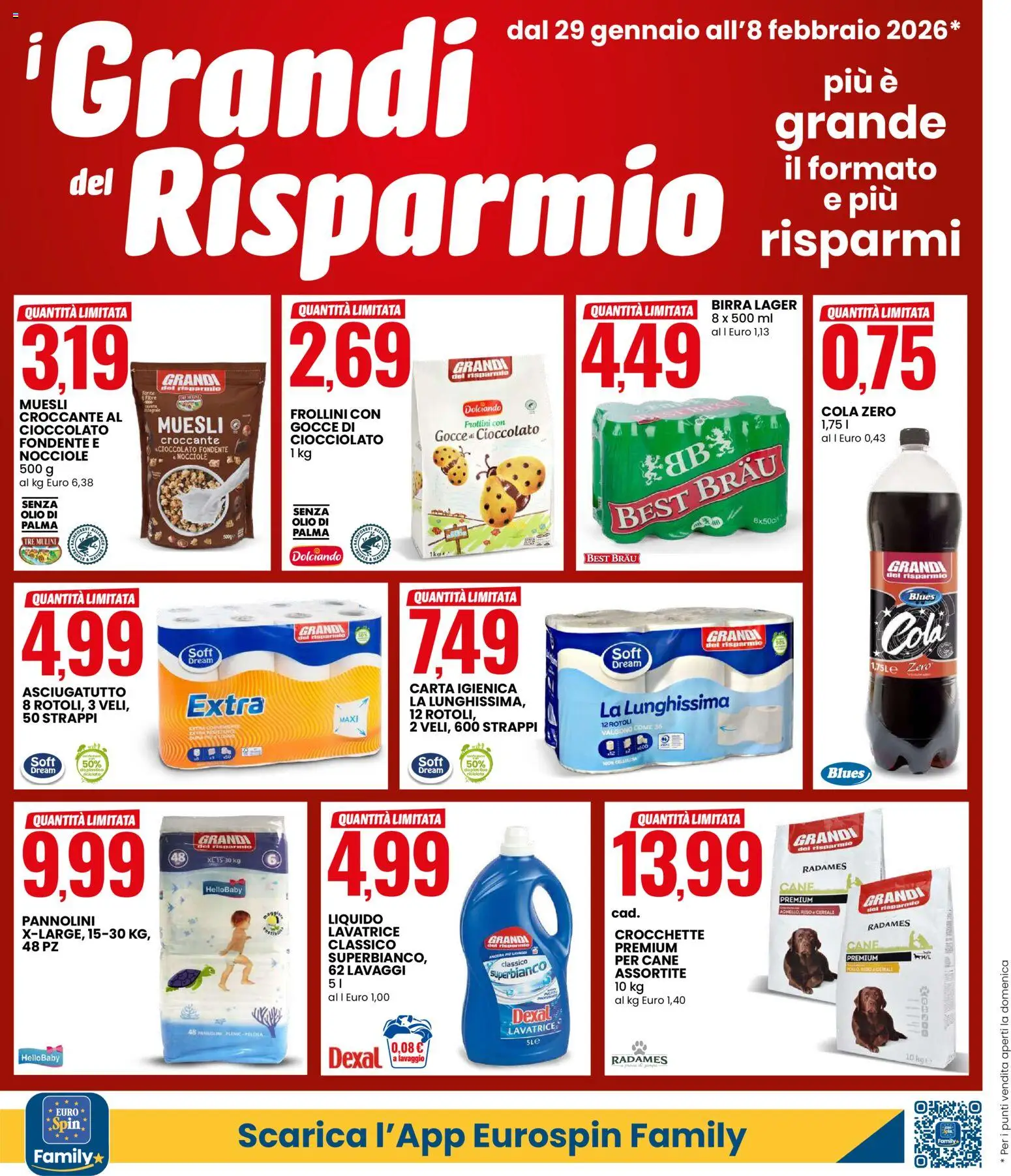 Volantino Eurospin del 29.01.2026 | Pagina: 4 | Prodotti: Pannolini, Carta igienica, Birra, Asciugatutto