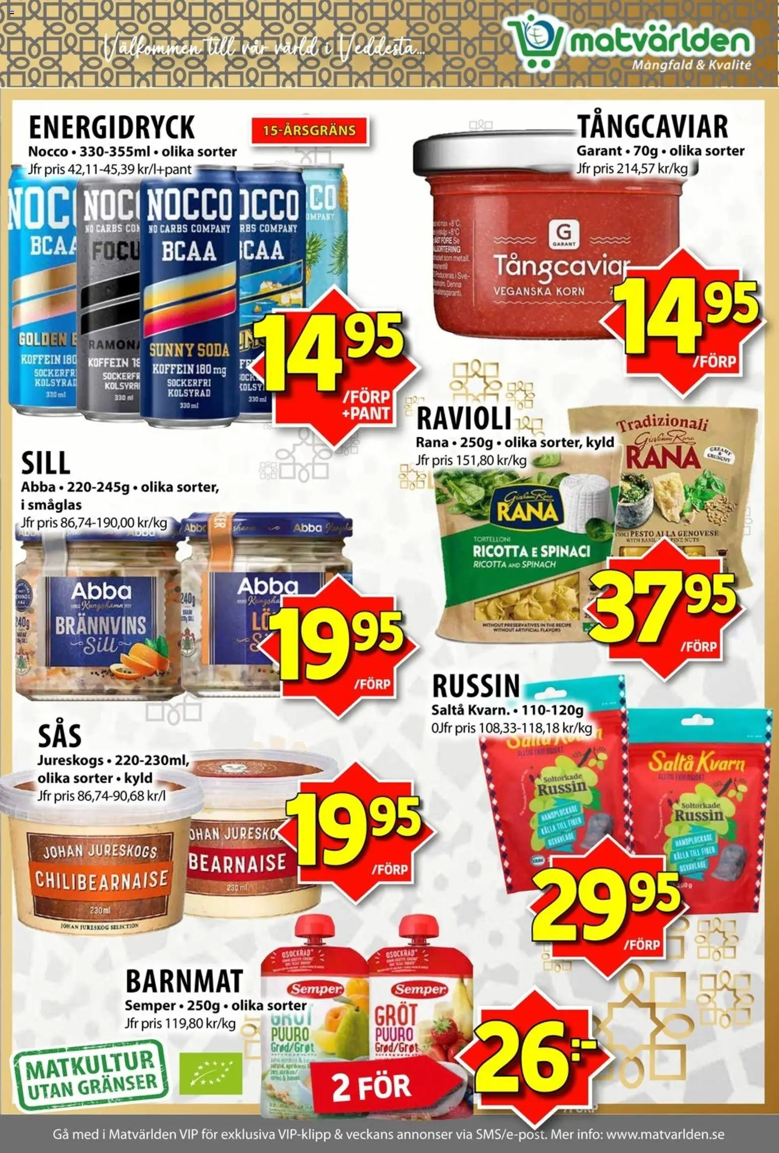 Matvärlden reklamblad aktuell från 23.03.2026 | Sida: 6 | Produkter: Barnmat, Sill, Energidryck, Pesto