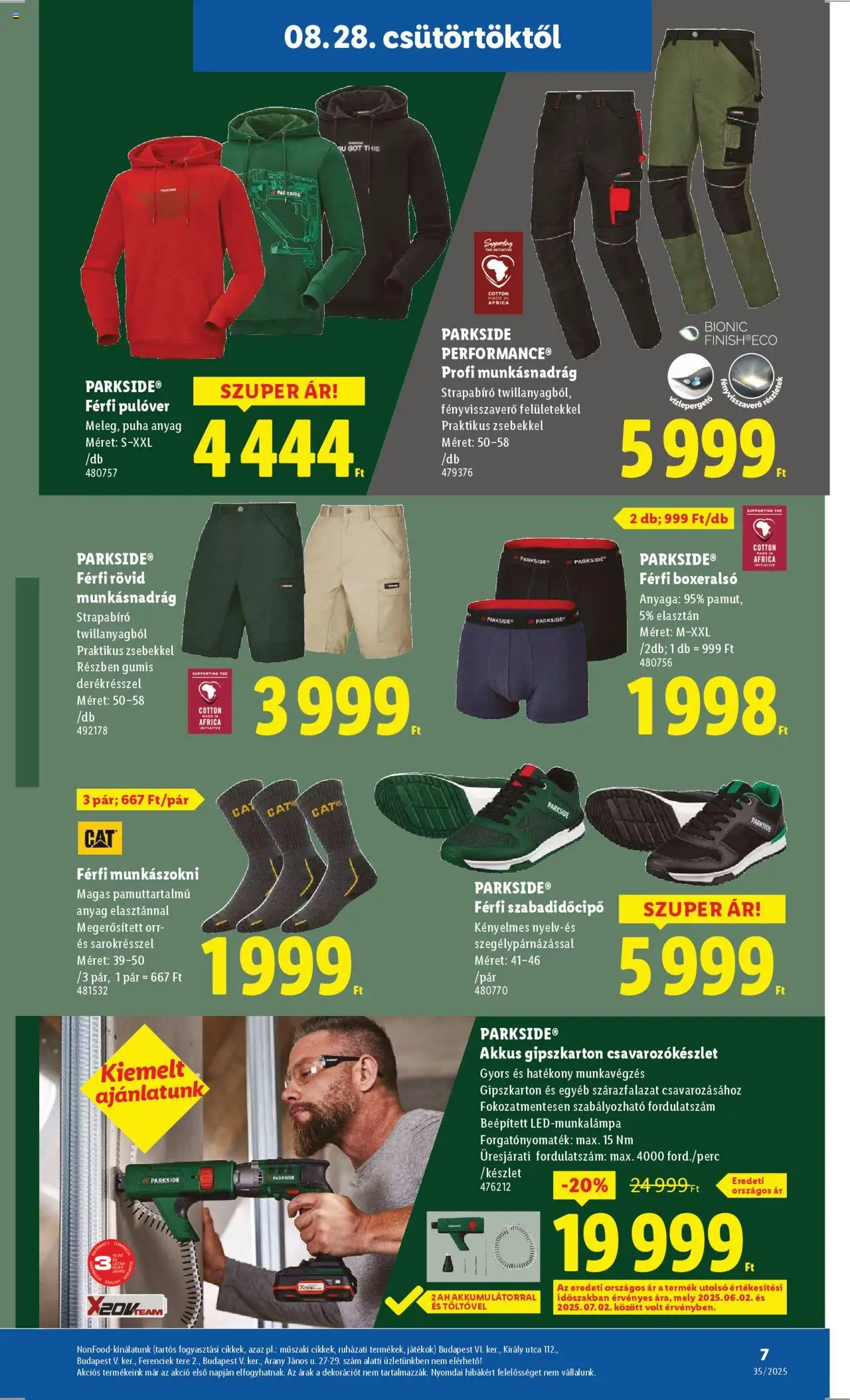 Lidl akciós ujság - amely érvényes a következő dátumtól: 28.08.2025 | Oldal: 7 | Termékek: Parkside, Boxeralsó, Gipszkarton, Pulóver