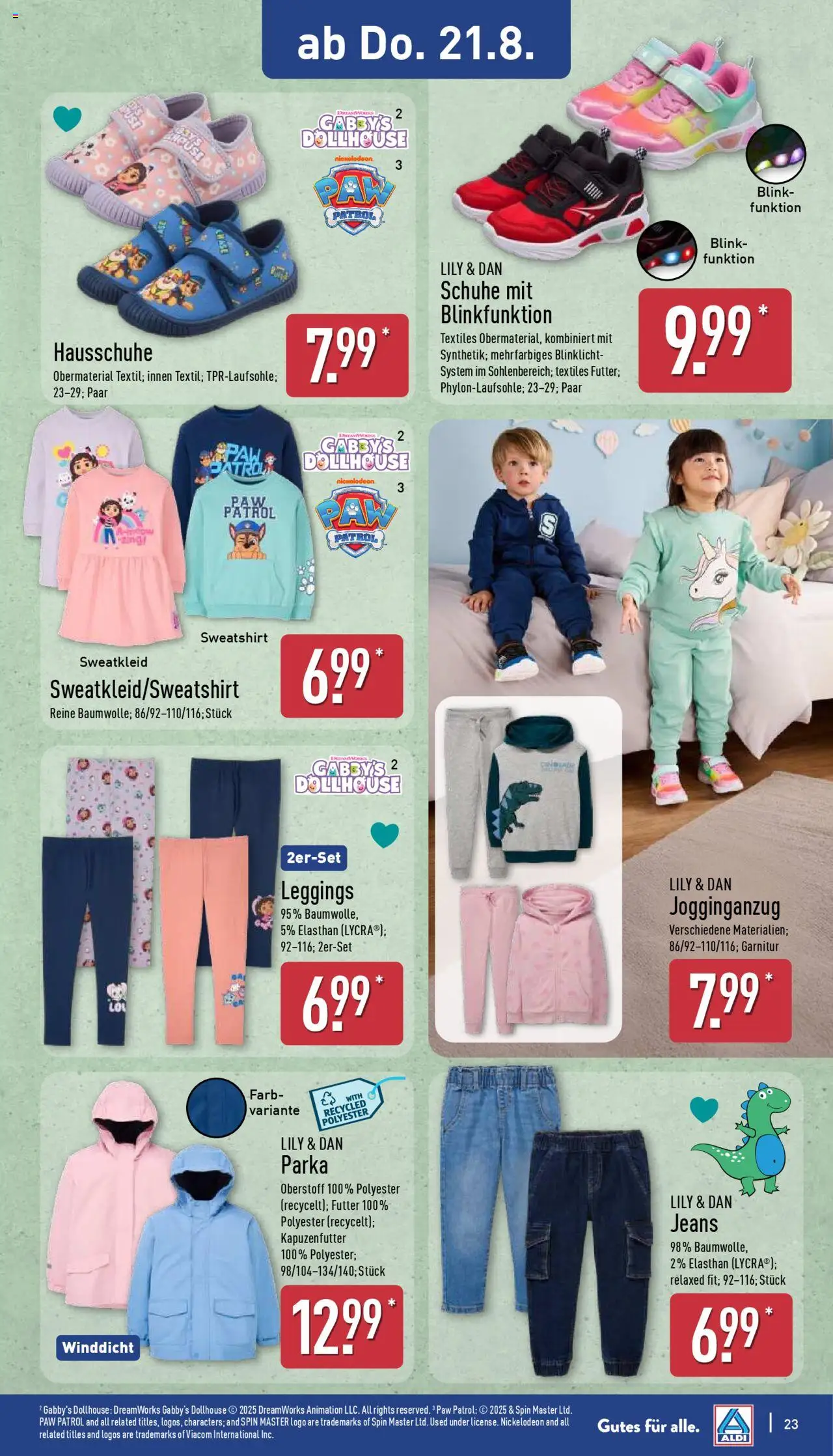 Aldi Prospekt 	 - gültig ab dem 18.08.2025 | Seite: 23 | Produkte: Sweatshirt, Leggings, Hausschuhe, Jeans