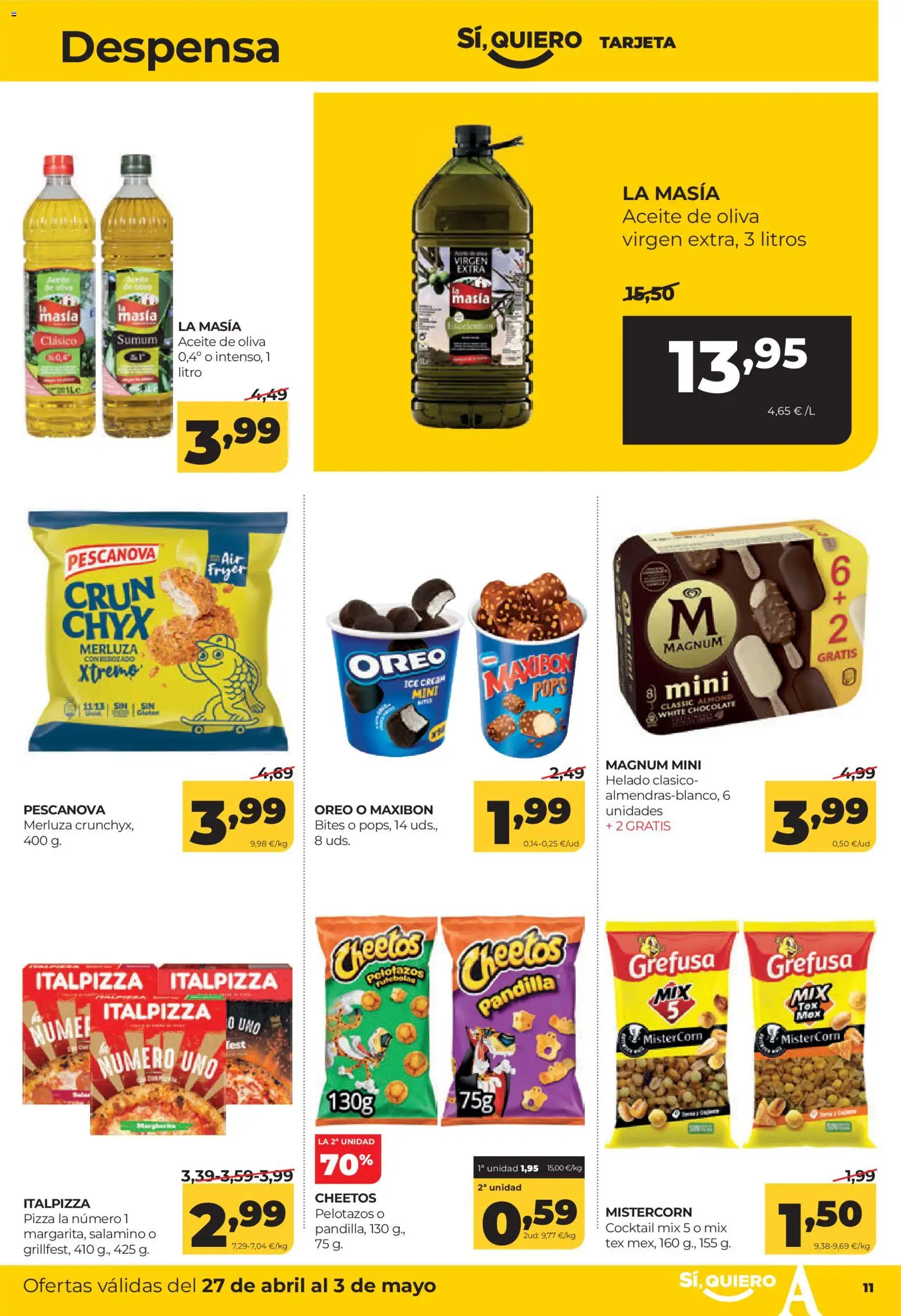 Alimerka folleto Zamora │ válido desde el 27.04.2026 | Página: 11 | Productos: Aceite, Chocolate, Pizza, Helado