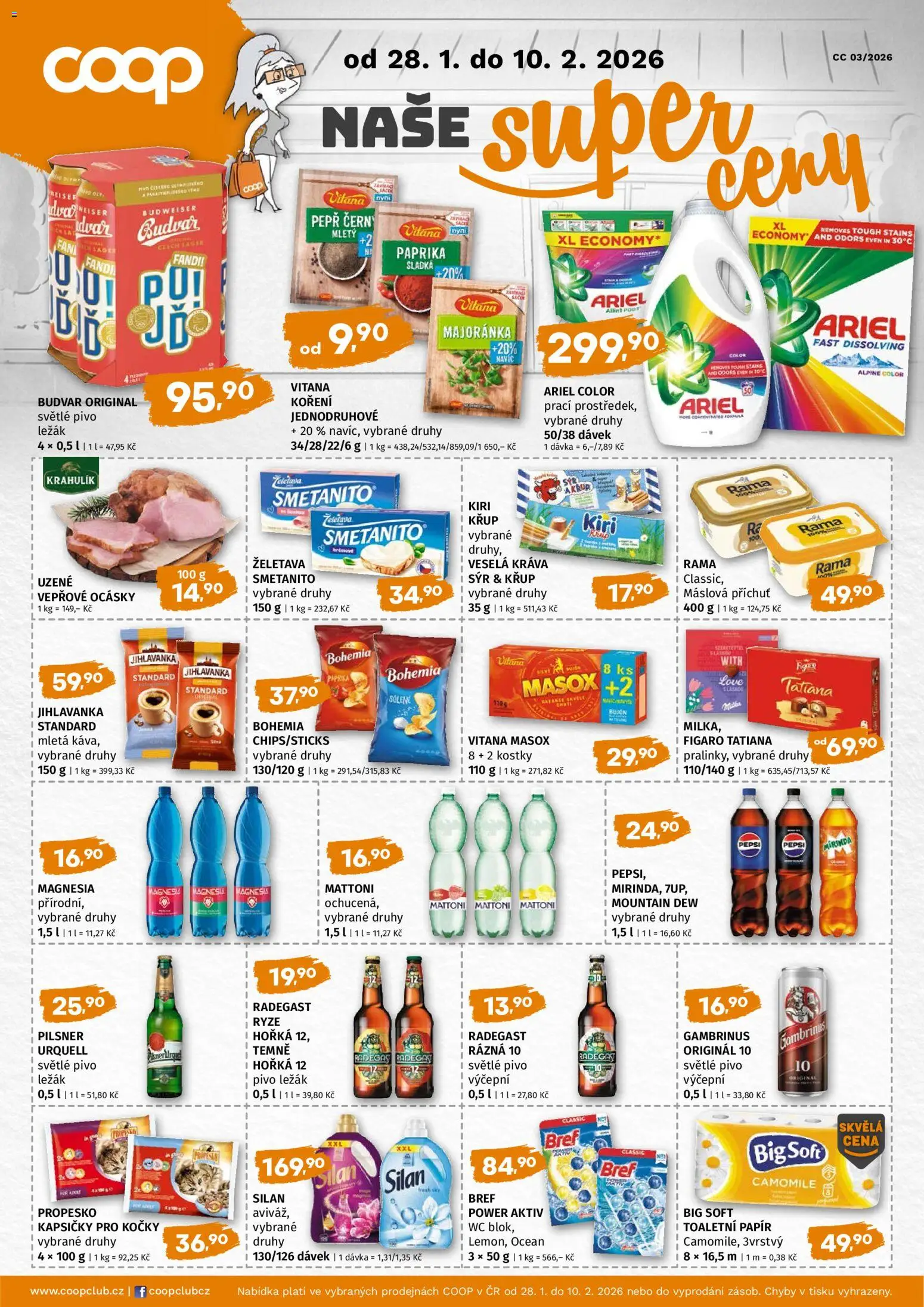 Coop leták - Super cena od 28.01.2026 | Strana: 1 | Produkty: Toaletní papír, Pilsner, Paprika, Ariel