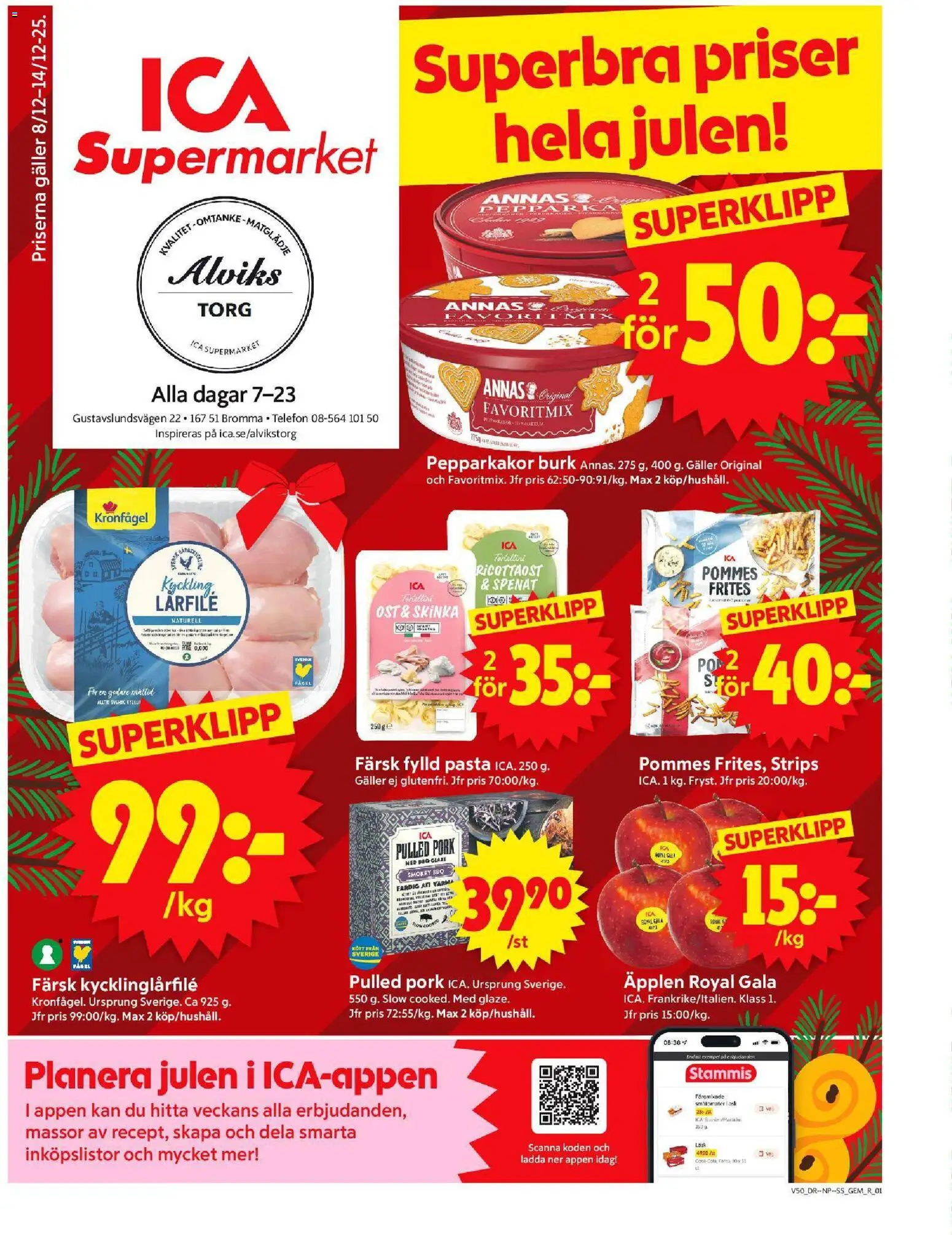 ICA Supermarket reklamblad aktuell från 08.12.2025 | Sida: 1 | Produkter: Spenat, Ost, Pasta, Telefon