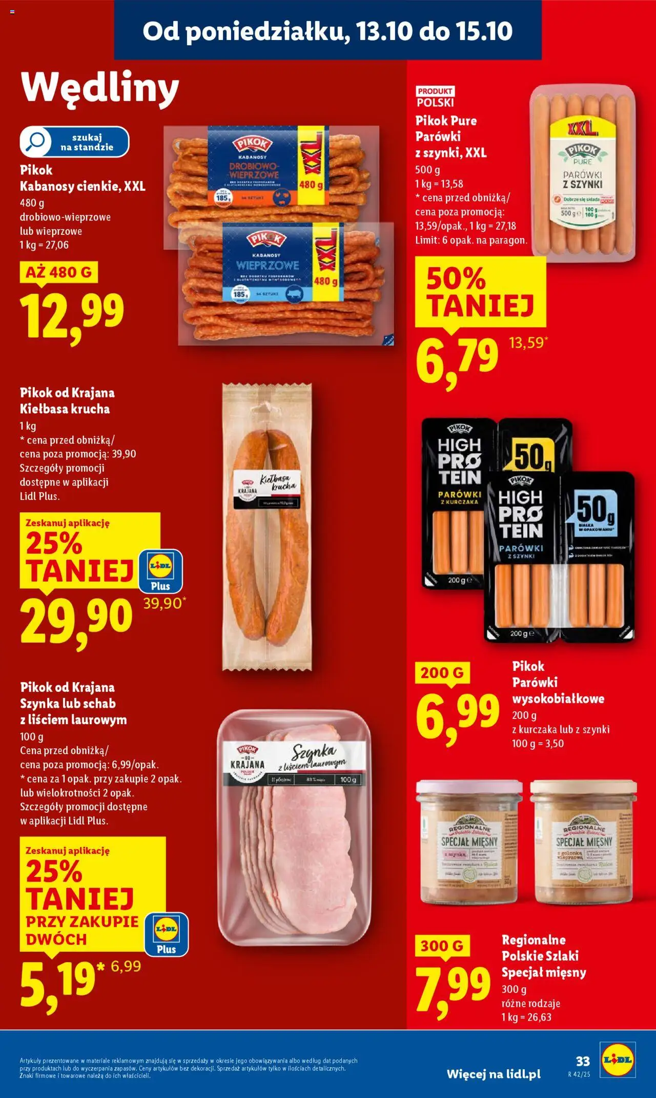 Lidl Gazetka od 13.10.2025 | Strona: 33 | Produkty: Kiełbasa, Parówki, Szynka, Wędliny