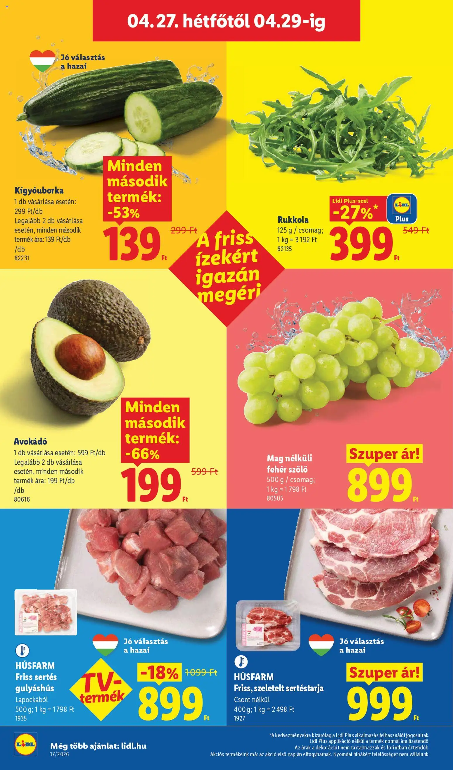 Lidl akciós ujság - amely érvényes a következő dátumtól: 23.04.2026 | Oldal: 54 | Termékek: Szőlő, Sertéstarja, Kígyóuborka, Avokádó