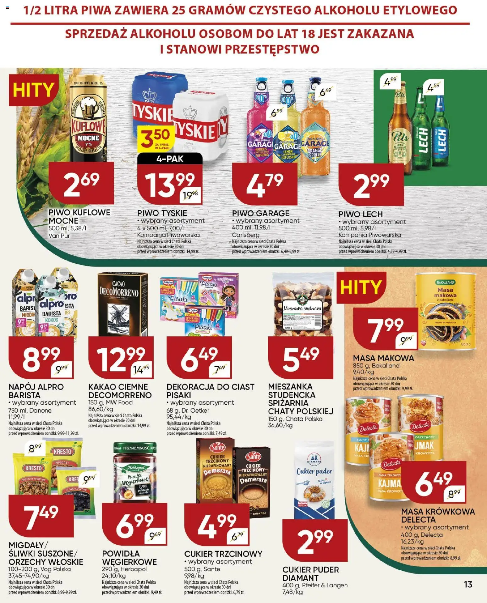 Chata Polska Gazetka od 18.12.2025 | Strona: 13 | Produkty: Alpro, Masa makowa, Cukier trzcinowy, Piwo