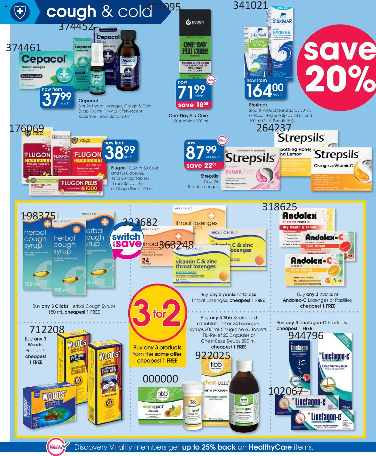 New Clicks catalogue – valid from 23.04.2026 | Page: 6 | Products: Cough syrup, Switch, Lozenges, Syrup