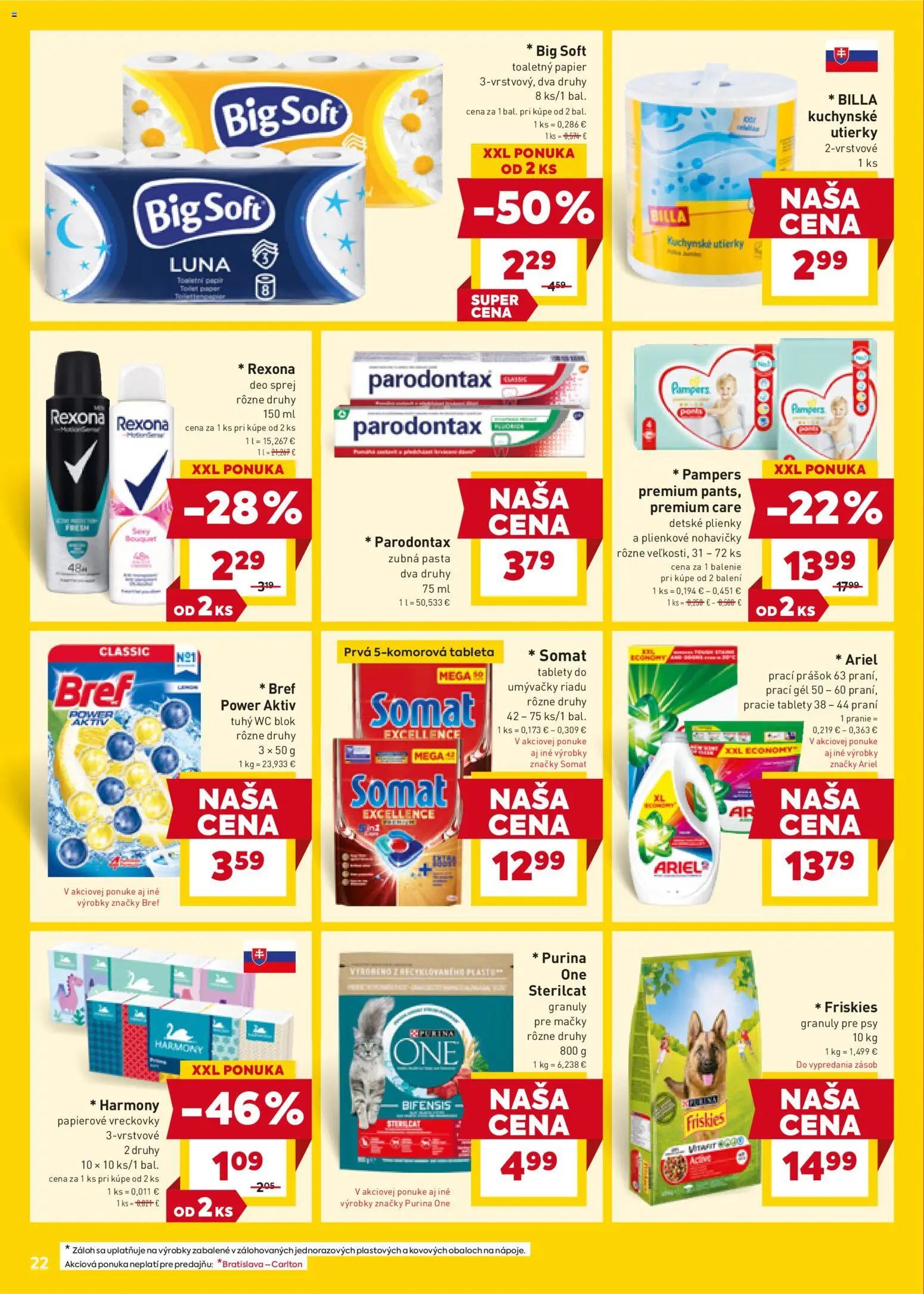 Nové Billa akcie – leták je platný od 21.01.2026 | Strana: 22 | Produkty: Prací prášok, Wc blok, Nohavičky, Plienky