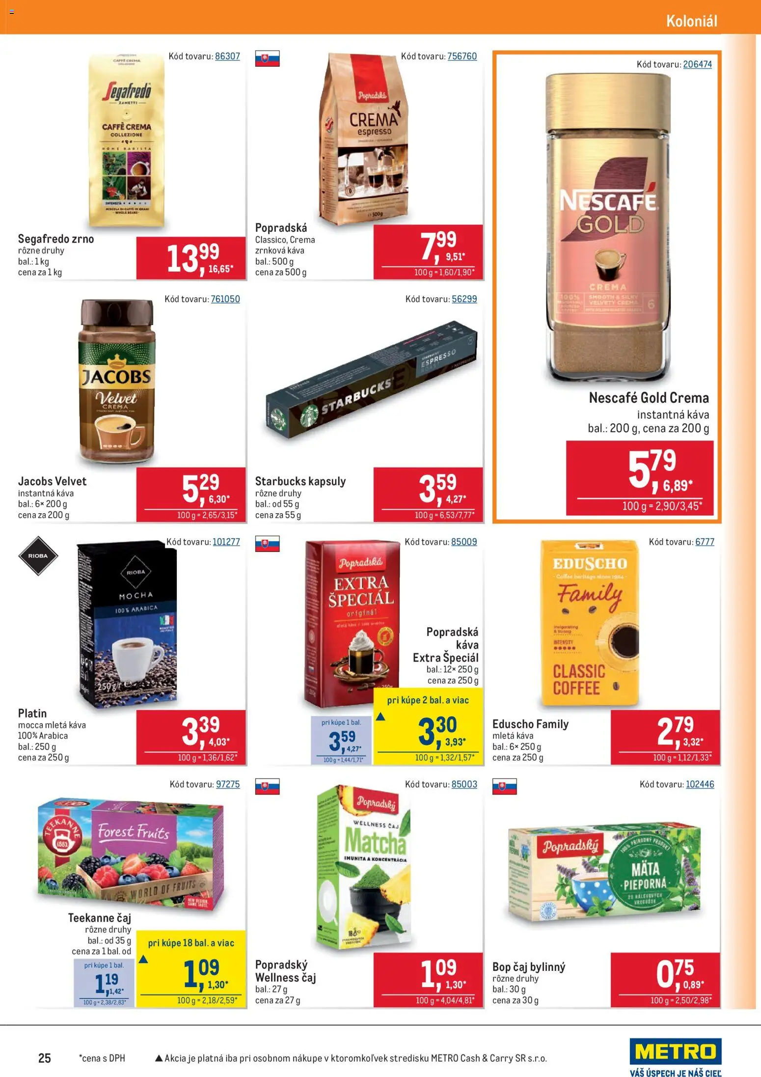 Nové Metro akcie – leták je platný od 08.04.2026 | Strana: 25 | Produkty: Jacobs Velvet, Teekanne, Nescafé Gold, Zrnková káva
