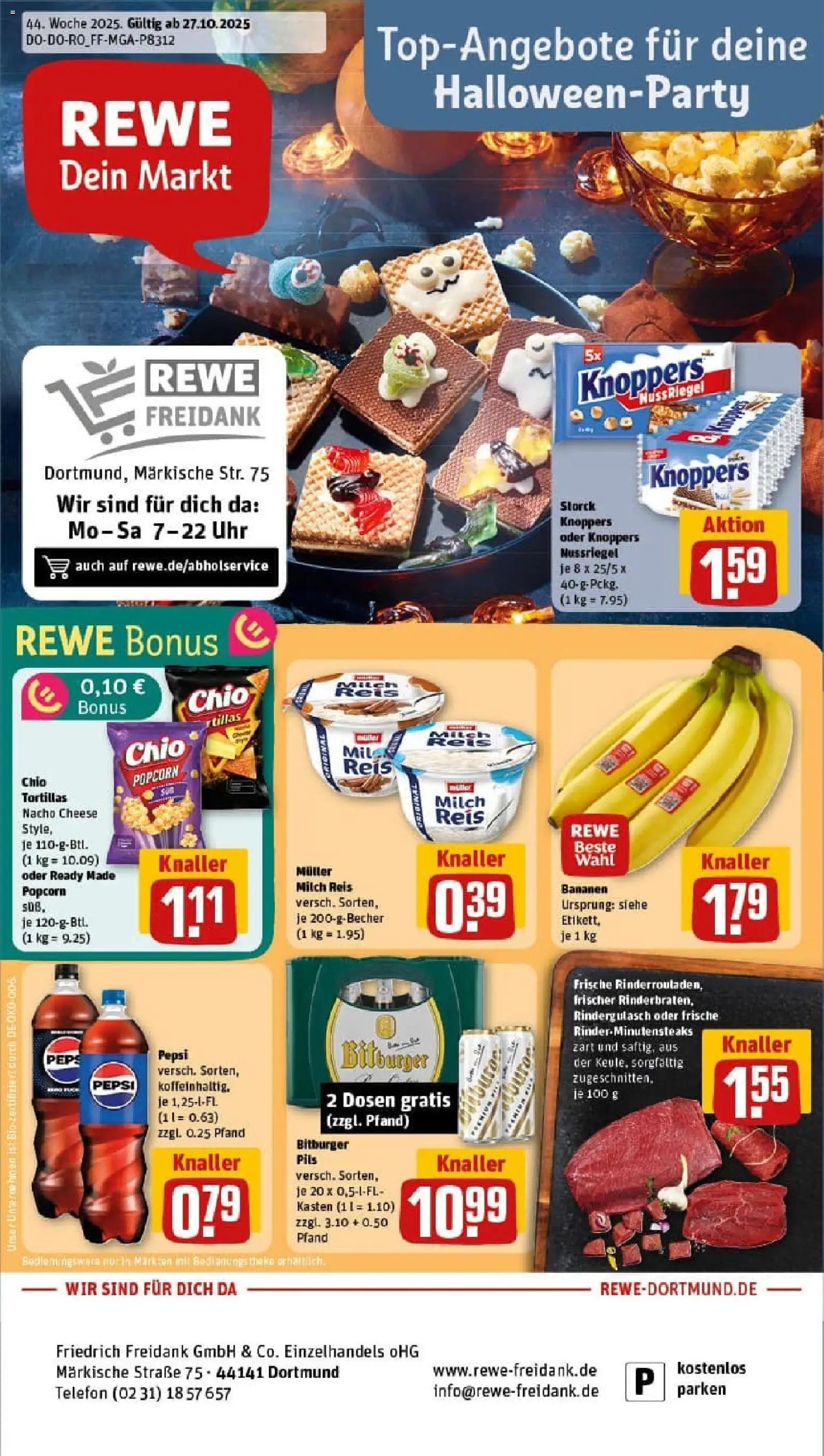 Rewe prospekt Dortmund	 – gültig ab 26.10.2025 | Seite: 1 | Produkte: Rindergulasch, Theke, Pepsi, Uhr