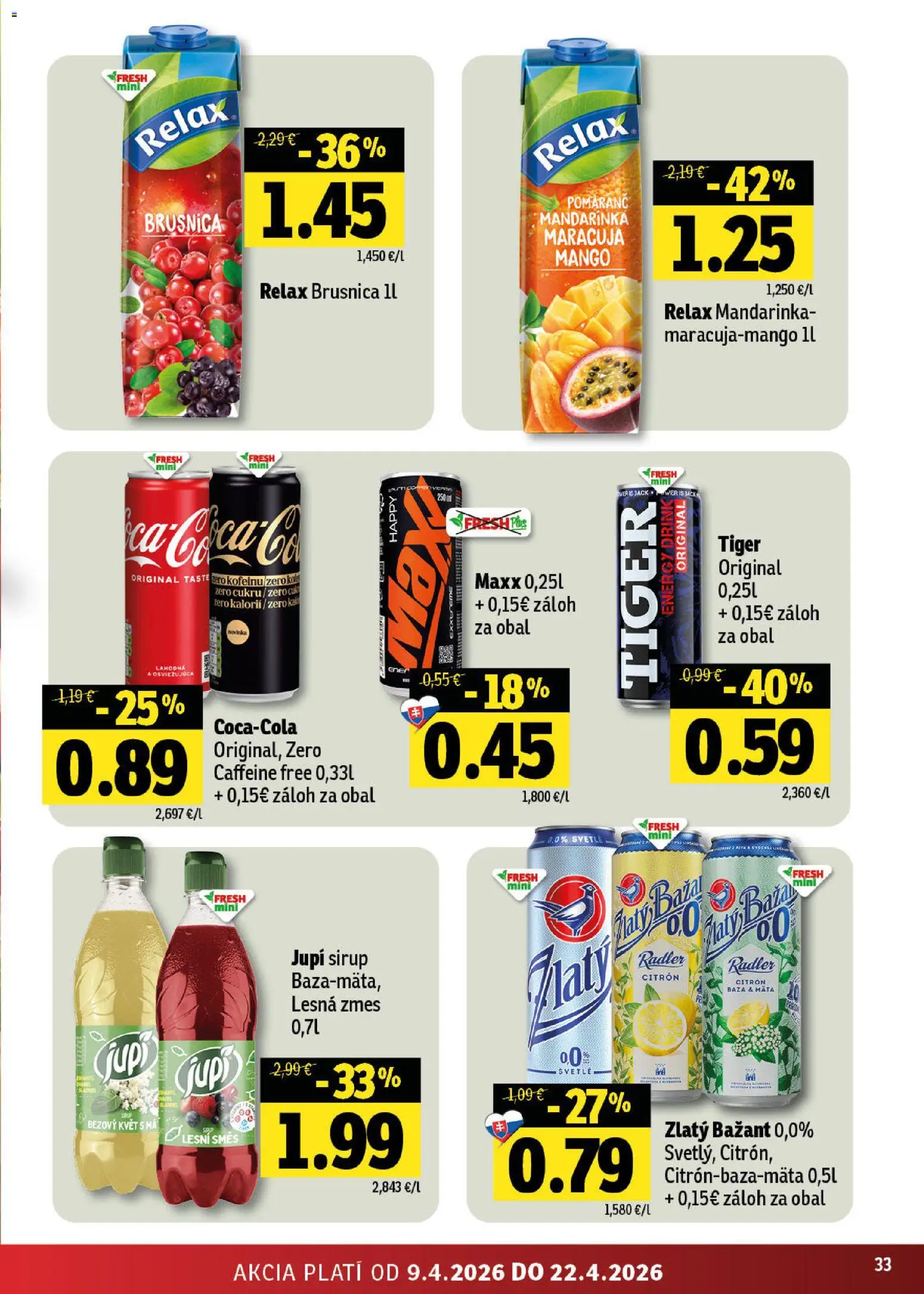 Nové Fresh akcie – leták je platný od 09.04.2026 | Strana: 33 | Produkty: Radler, Zlatý Bažant, Mango