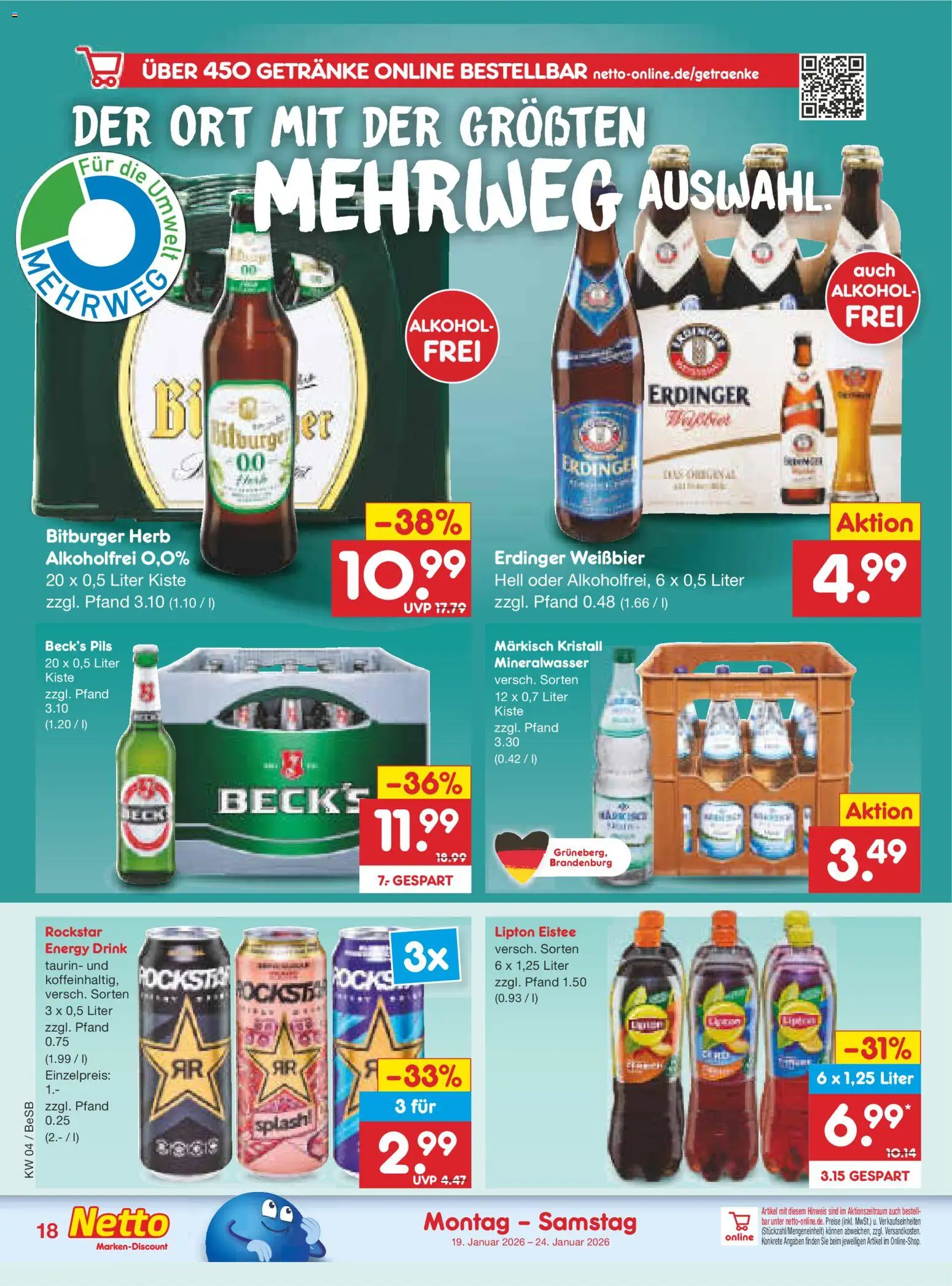 Netto Marken-Discount Prospekt 	 – gültig ab 19.01.2026 | Seite: 20 | Produkte: Bitburger, Erdinger, Weißbier, Mineralwasser