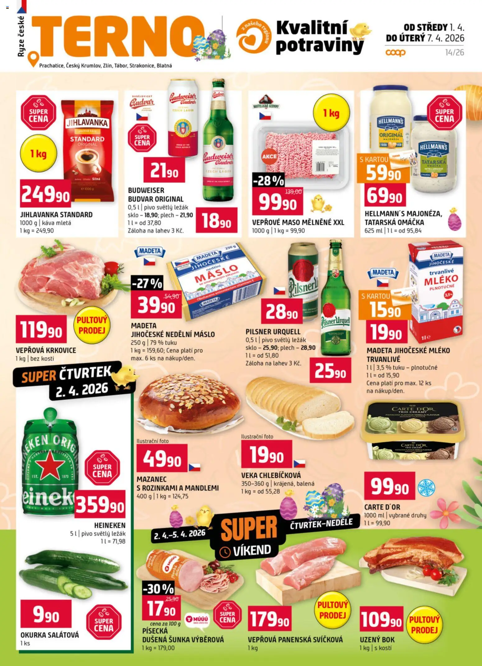 Terno leták - Tábor  od 01.04.2026 | Strana: 1 | Produkty: Heineken, Mléko, Pilsner Urquell, Vepřová krkovice