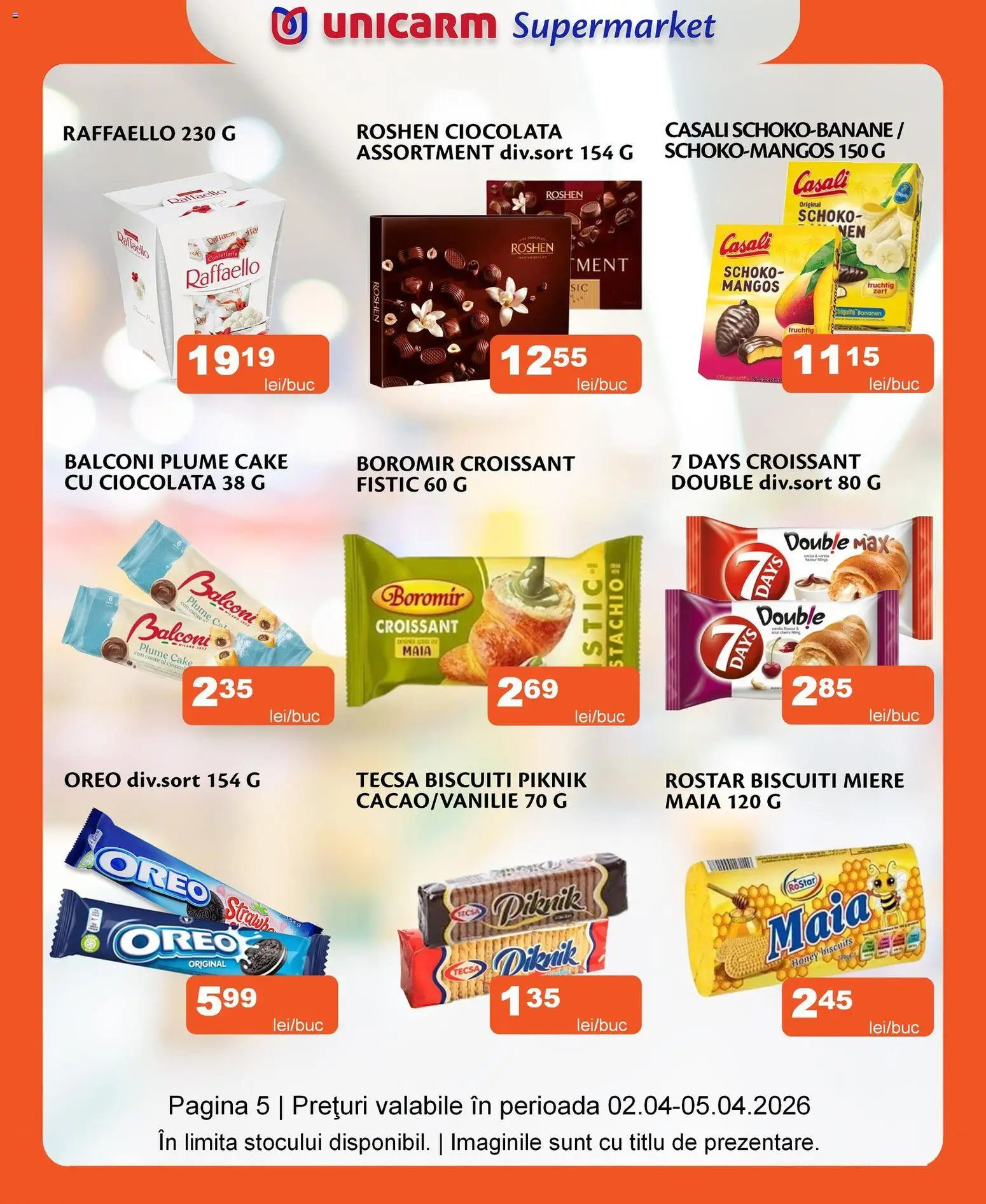 Noul catalog Unicarm – valabil de la 02.04.2026 | Pagină: 5 | Produse: Ciocolată, Fistic, Biscuiți