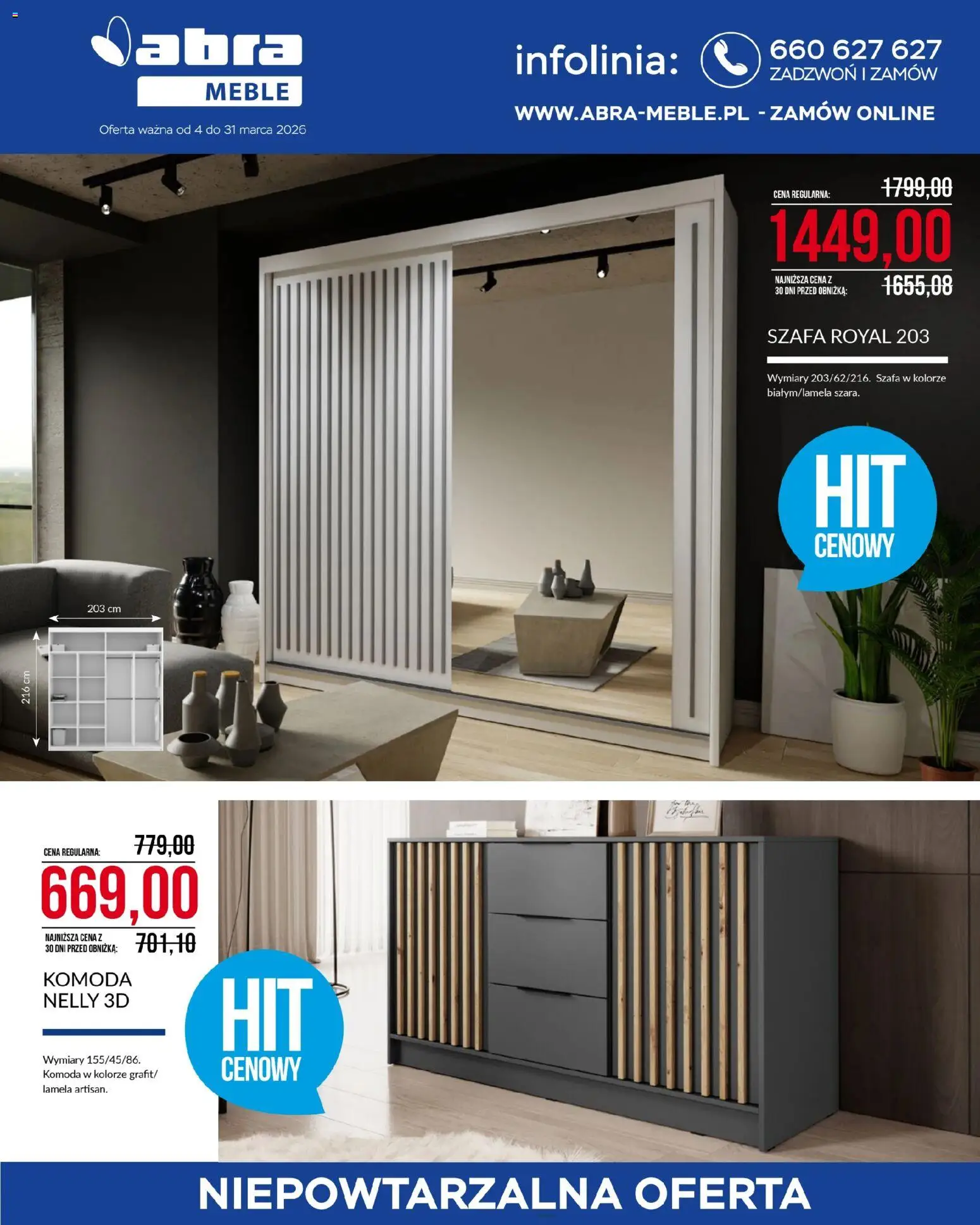 Abra meble gazetka od 04.03.2026 | Strona: 1 | Produkty: Szafa, Komoda