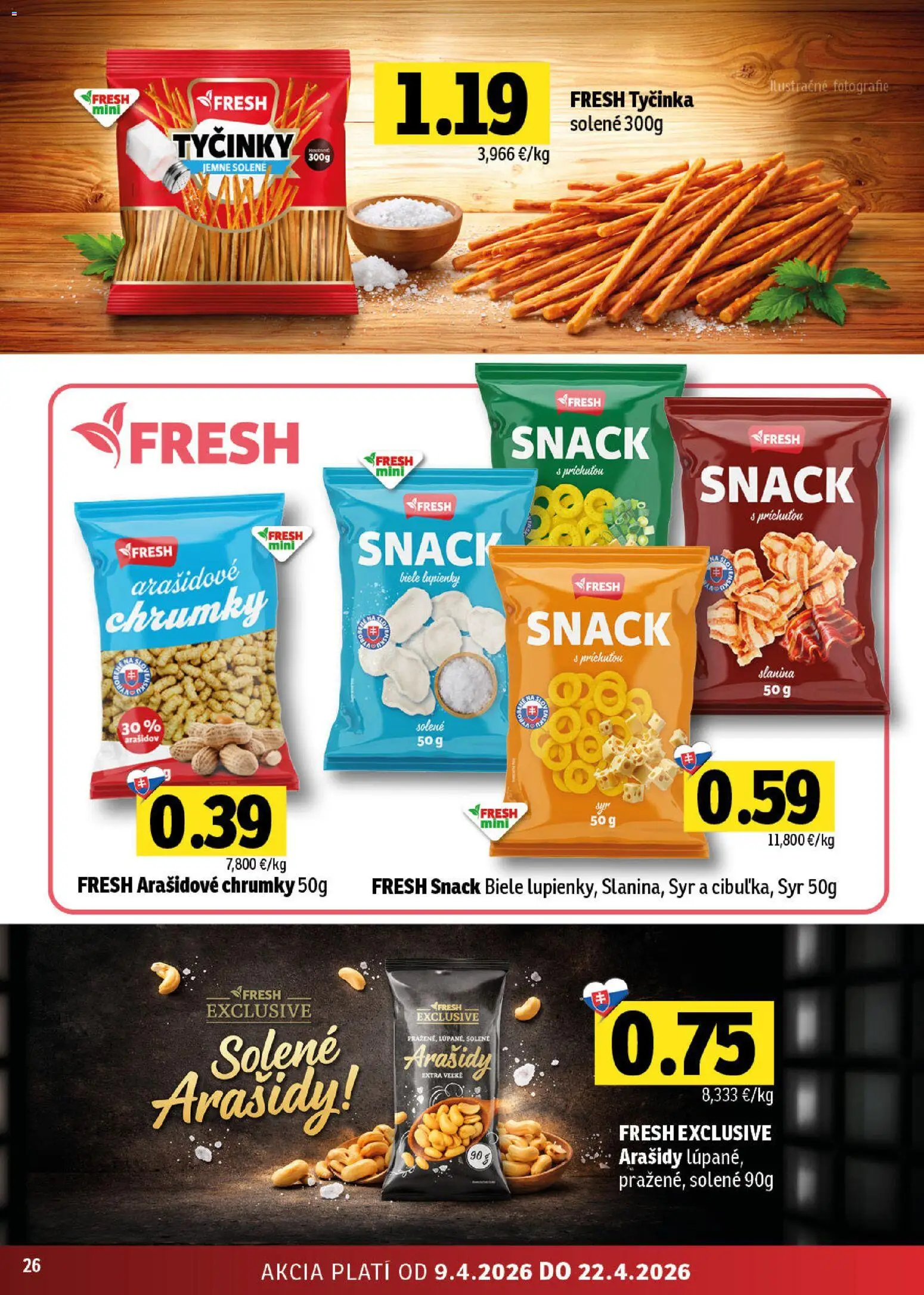 Nové Fresh akcie – leták je platný od 09.04.2026 | Strana: 26 | Produkty: Syr, Slanina, Arašidy