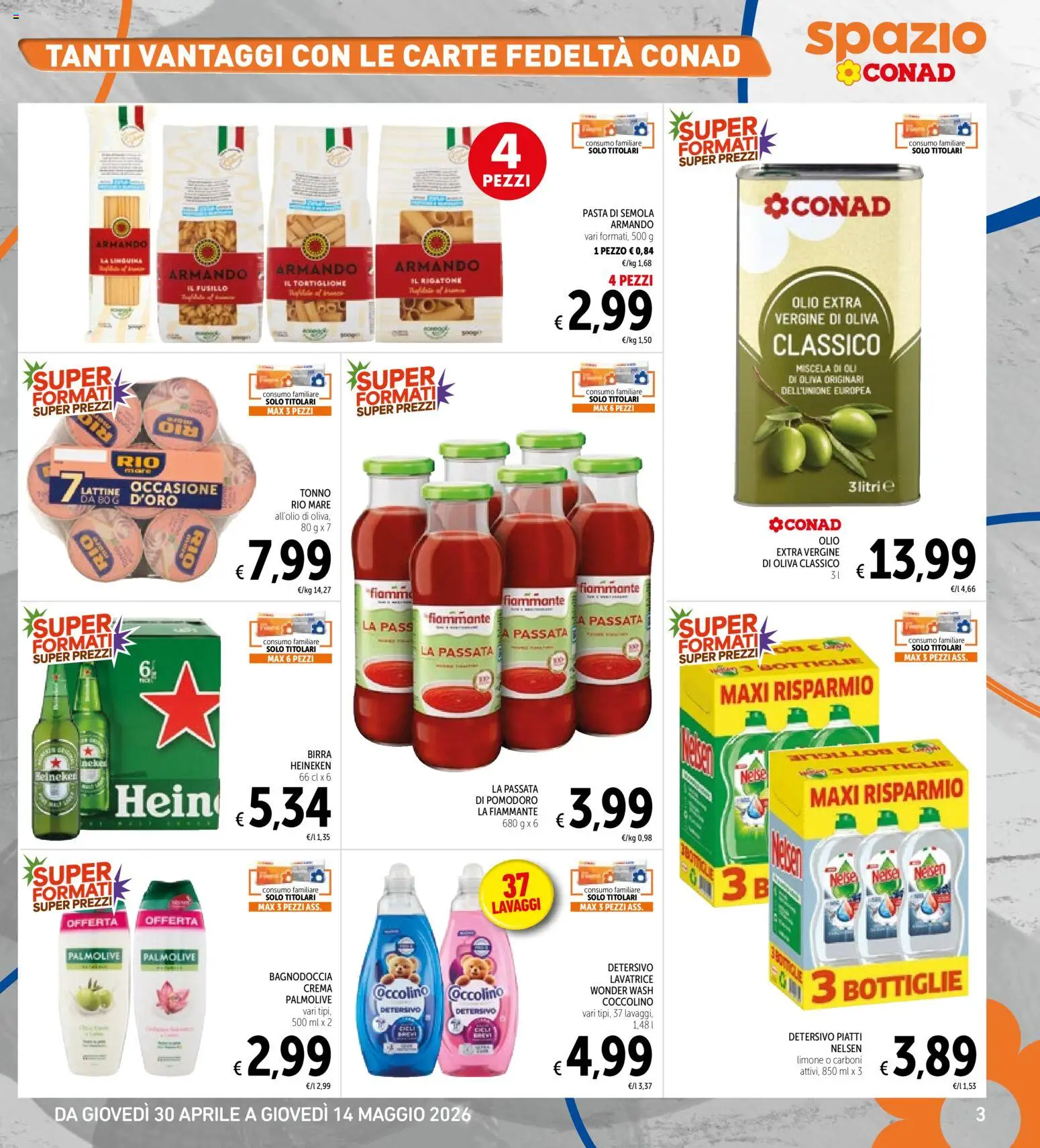Volantino Spazio Conad del 30.04.2026 | Pagina: 3 | Prodotti: Olio, Pasta, Lavatrice, Heineken
