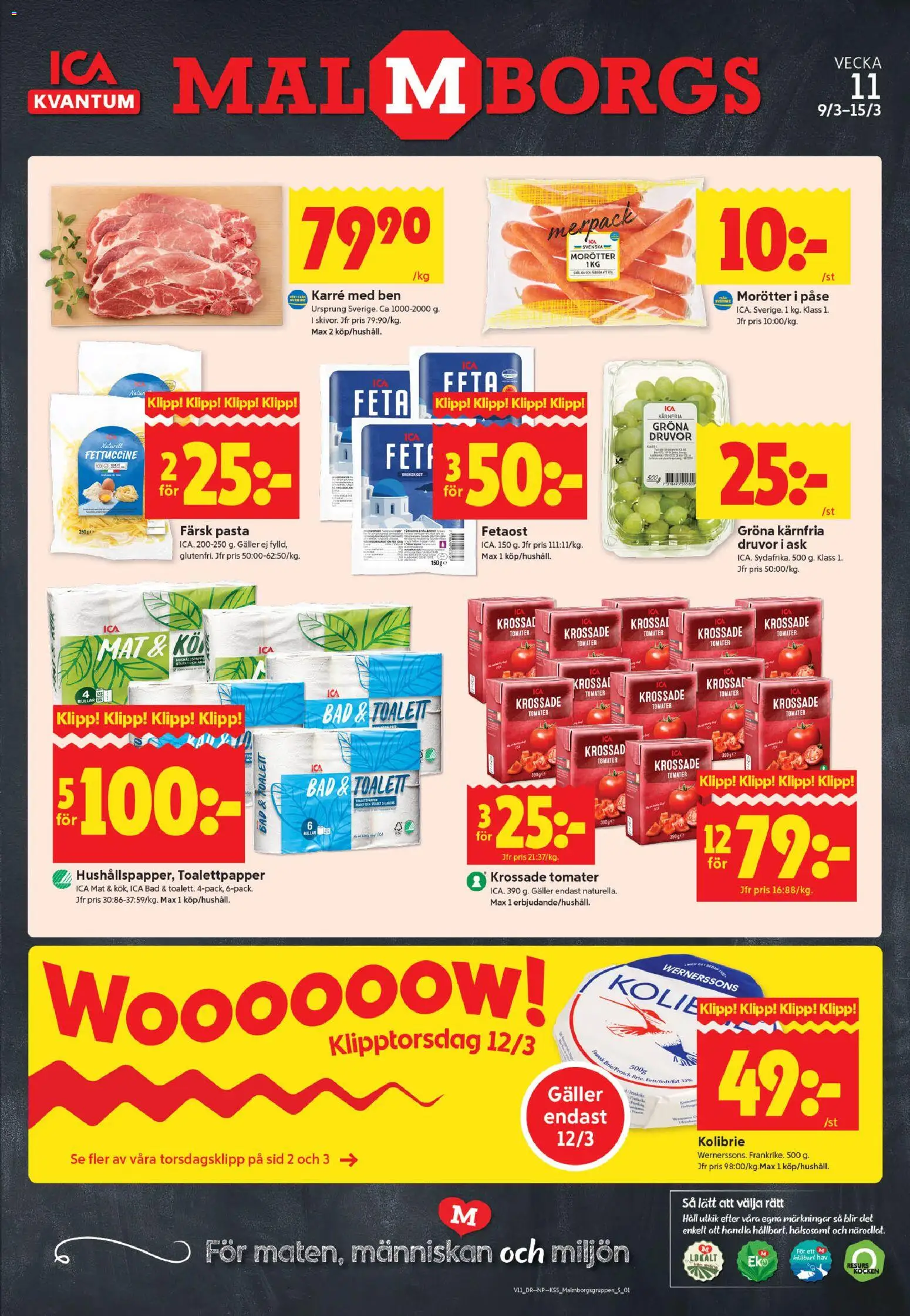 ICA Kvantum reklamblad aktuell från 09.03.2026 | Sida: 1 | Produkter: Krossade tomater, Fetaost, Tomater, Häll