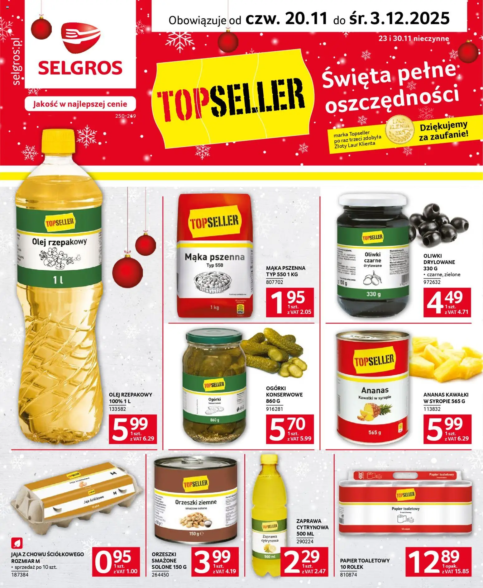 Selgros cash&carry Gazetka - Topseller od 20.11.2025 | Strona: 1 | Produkty: Papier toaletowy, Orzeszki ziemne, Olej, Ananas
