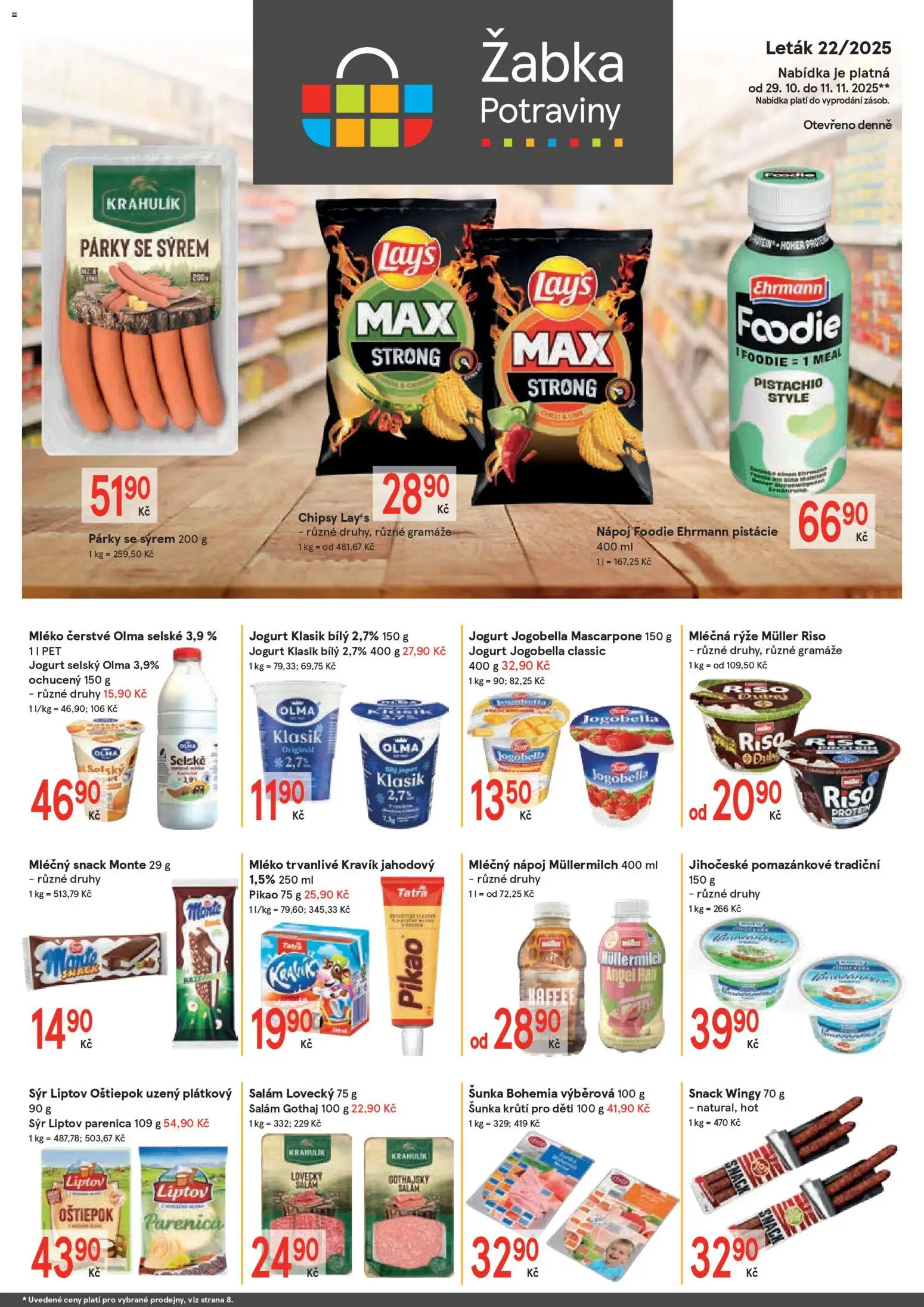Žabka leták od 29.10.2025 | Strana: 1 | Produkty: Párky, Jogurt Jogobella, Gothajský salám, Chipsy