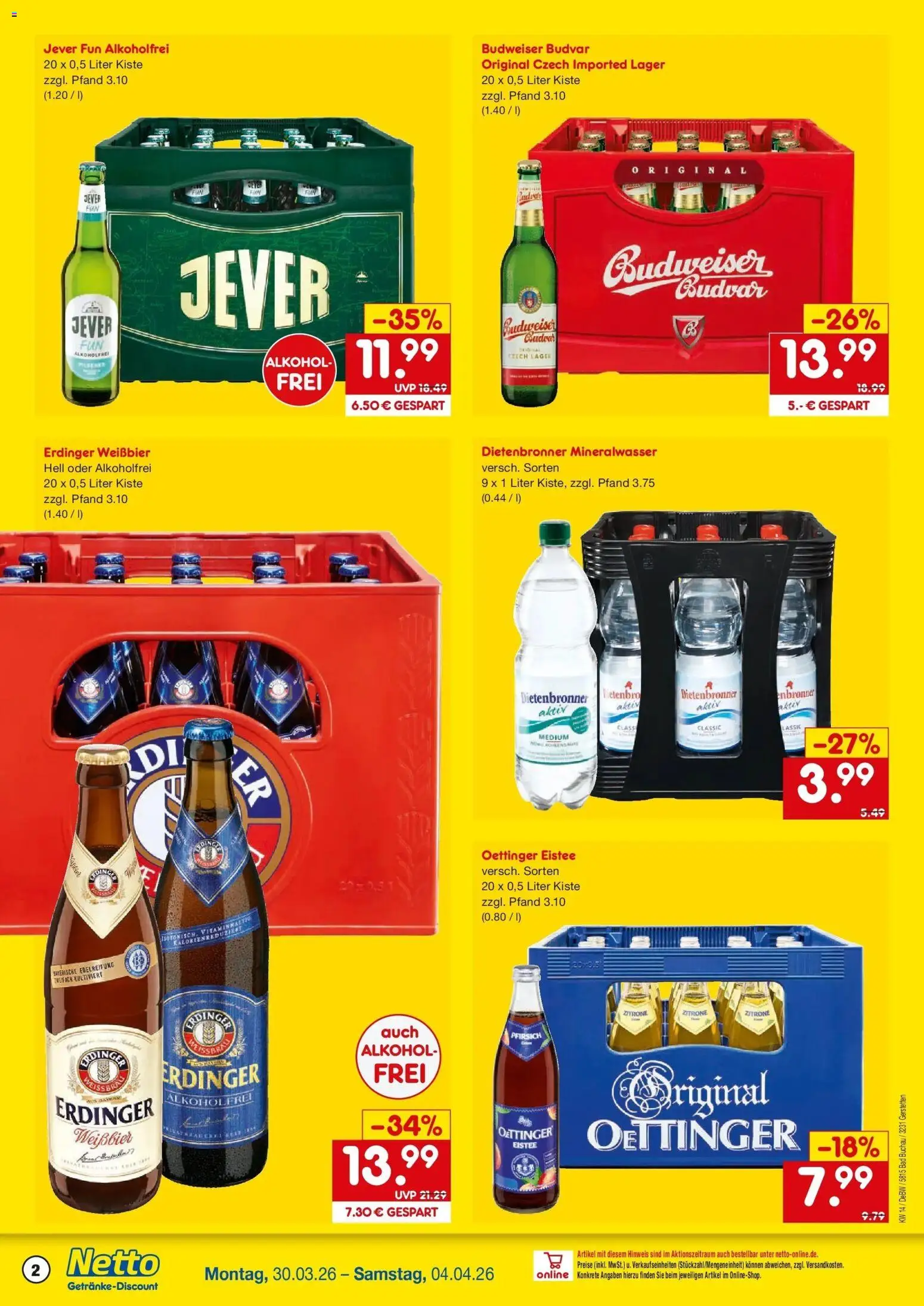 Netto Marken-Discount Prospekt Gerstetten	 – gültig ab 30.03.2026 | Seite: 2 | Produkte: Erdinger, Weißbier, Bad, Jever