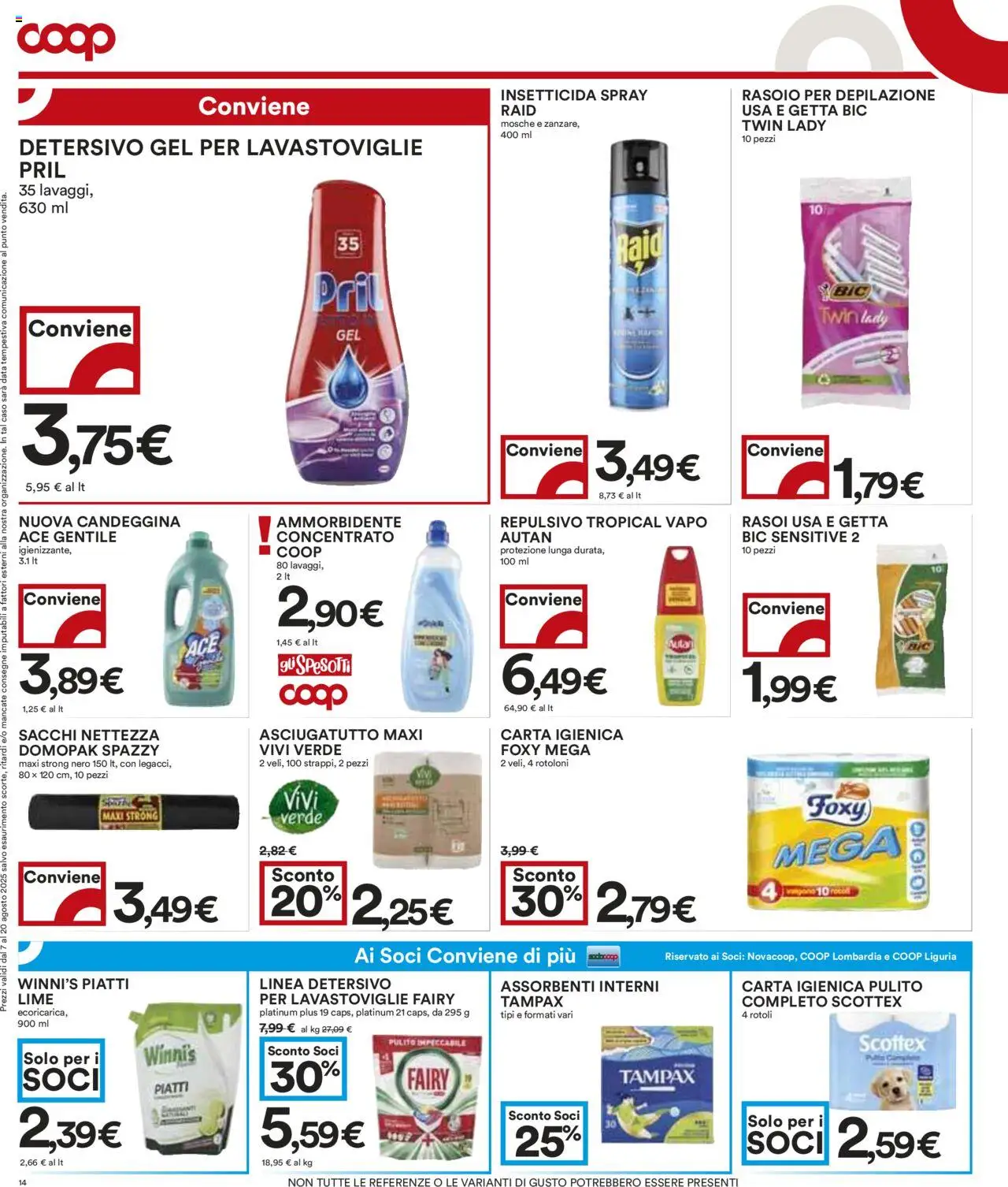 Volantino COOP del 07.08.2025 | Pagina: 14 | Prodotti: Ammorbidente, Candeggina, Asciugatutto, Insetticida