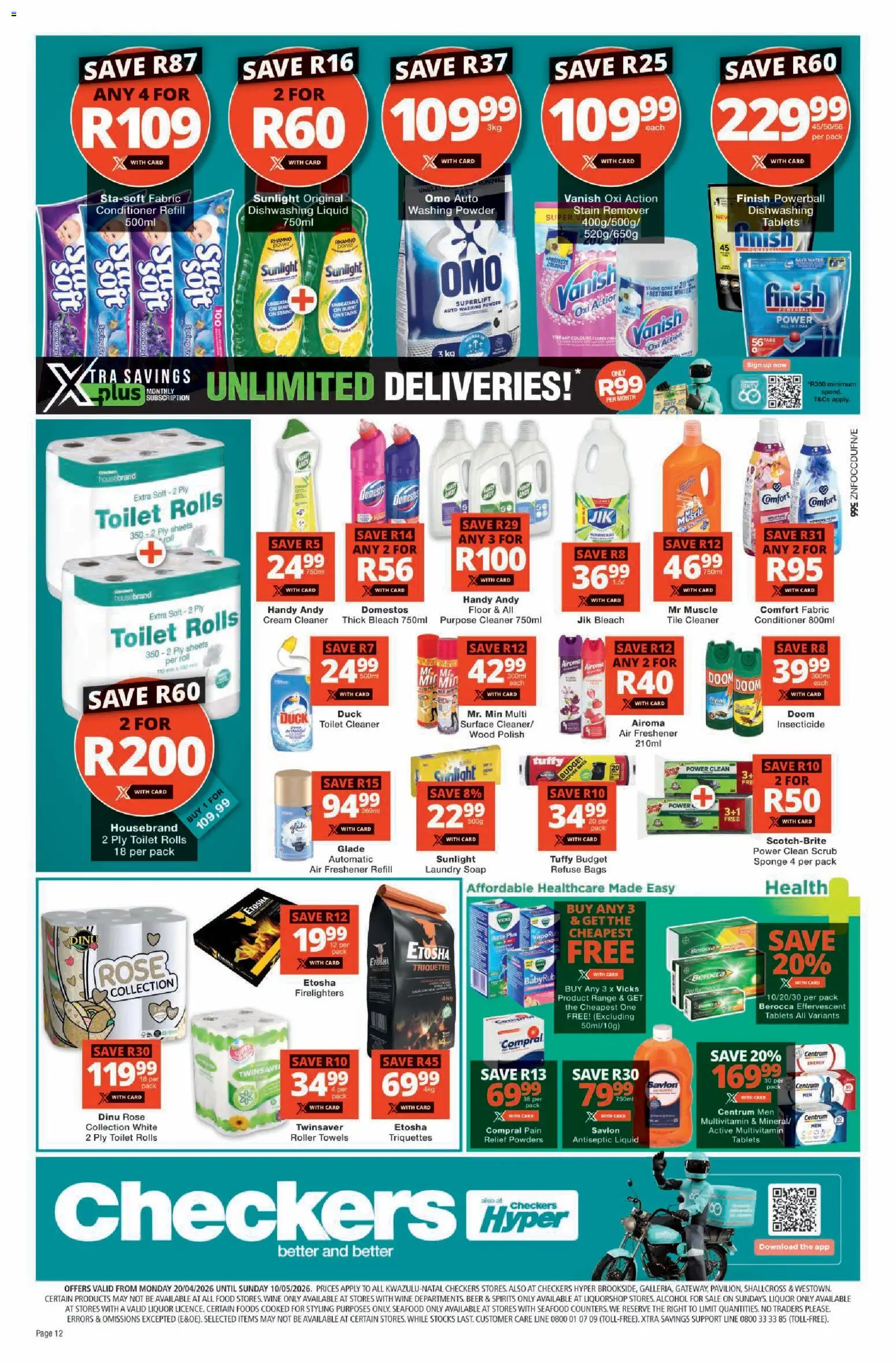 New Checkers catalogue – valid from 20.04.2026 | Page: 12 | Products: Toilet, Bleach, Conditioner, Soap