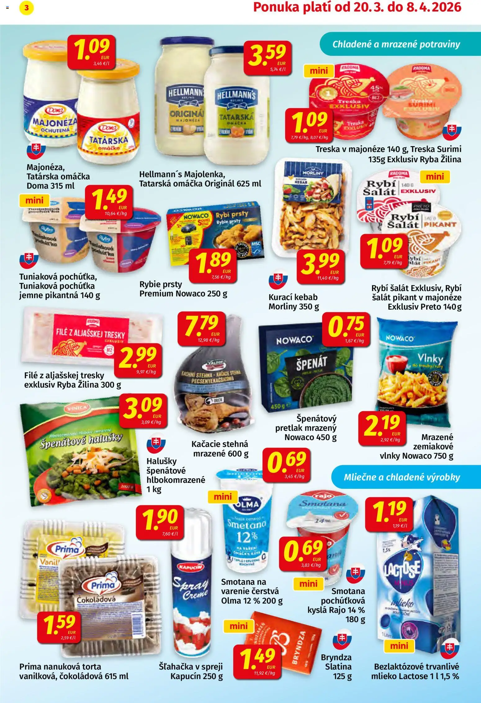 Nové Koruna akcie – leták je platný od 20.03.2026 | Strana: 3 | Produkty: Kačacie stehná, Smotana, Ryba, Šľahačka