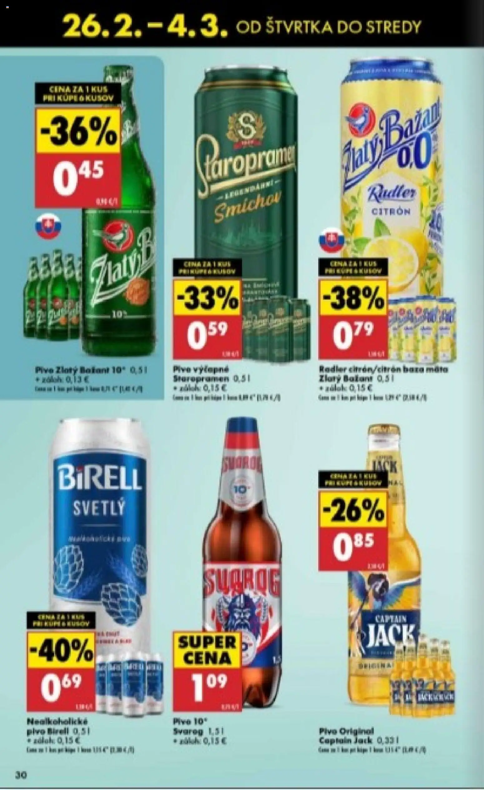 Nové Biedronka akcie – leták je platný od 26.02.2026 | Strana: 30 | Produkty: Pivo, Birell, Staropramen, Nealkoholické pivo