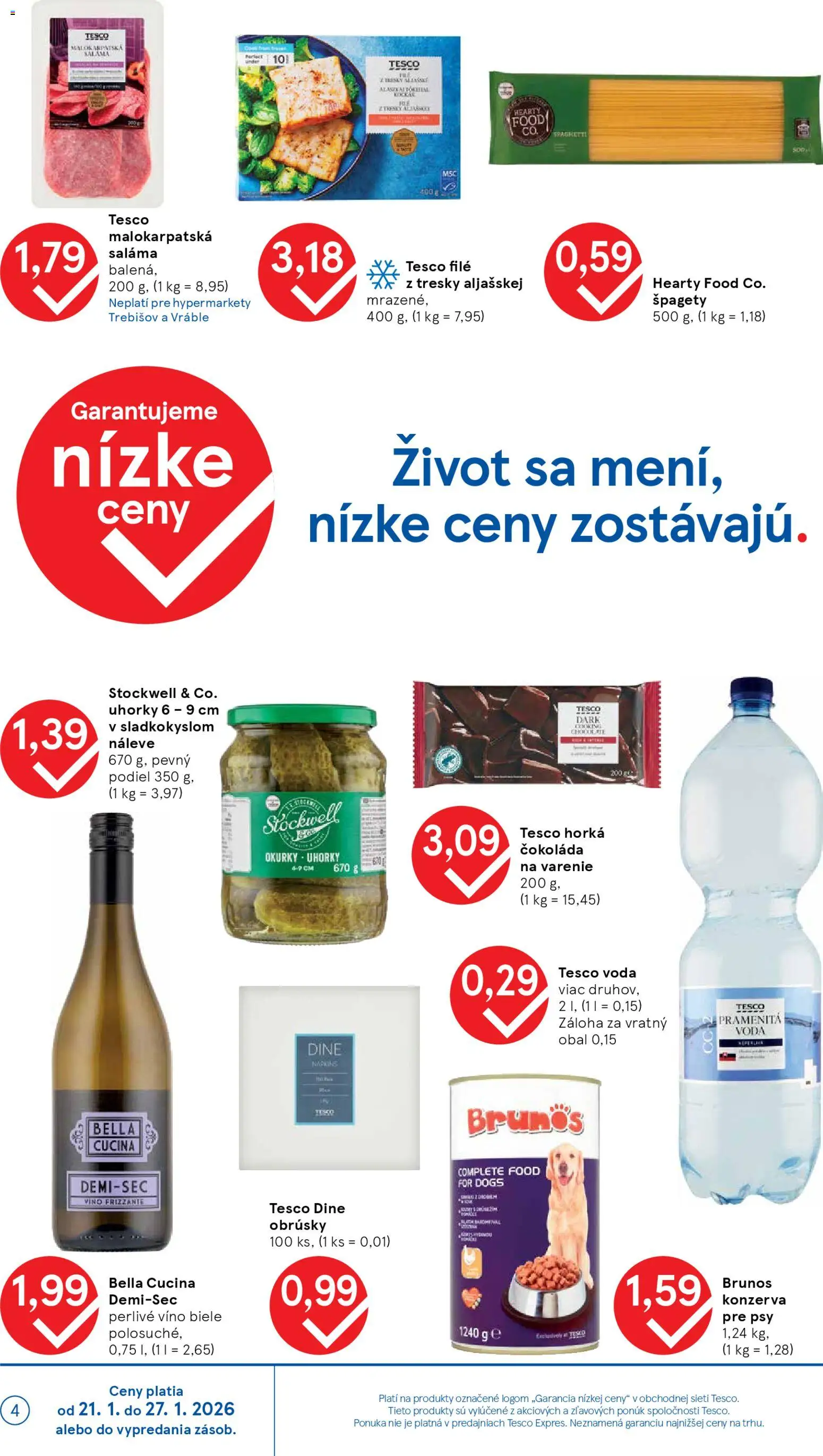 Nové Tesco akcie – leták je platný od 21.01.2026 | Strana: 4 | Produkty: Saláma, Čokoláda, Voda, Perlivé víno