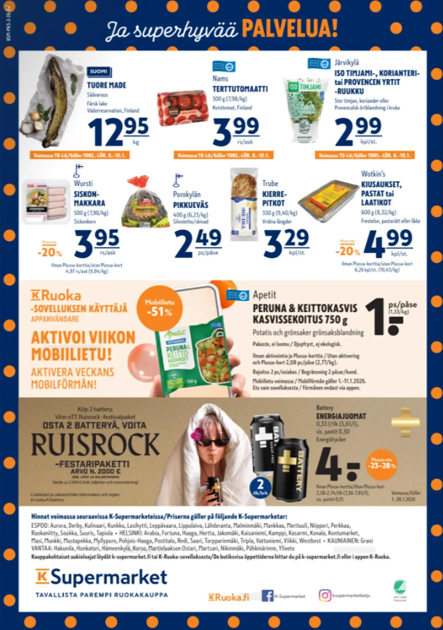 K-Supermarket tarjoukset – voimassa 08.01.2026 alkaen | Sivu: 4 | Tuotteet: Makkara, Keitto, Korianteri, Timjami