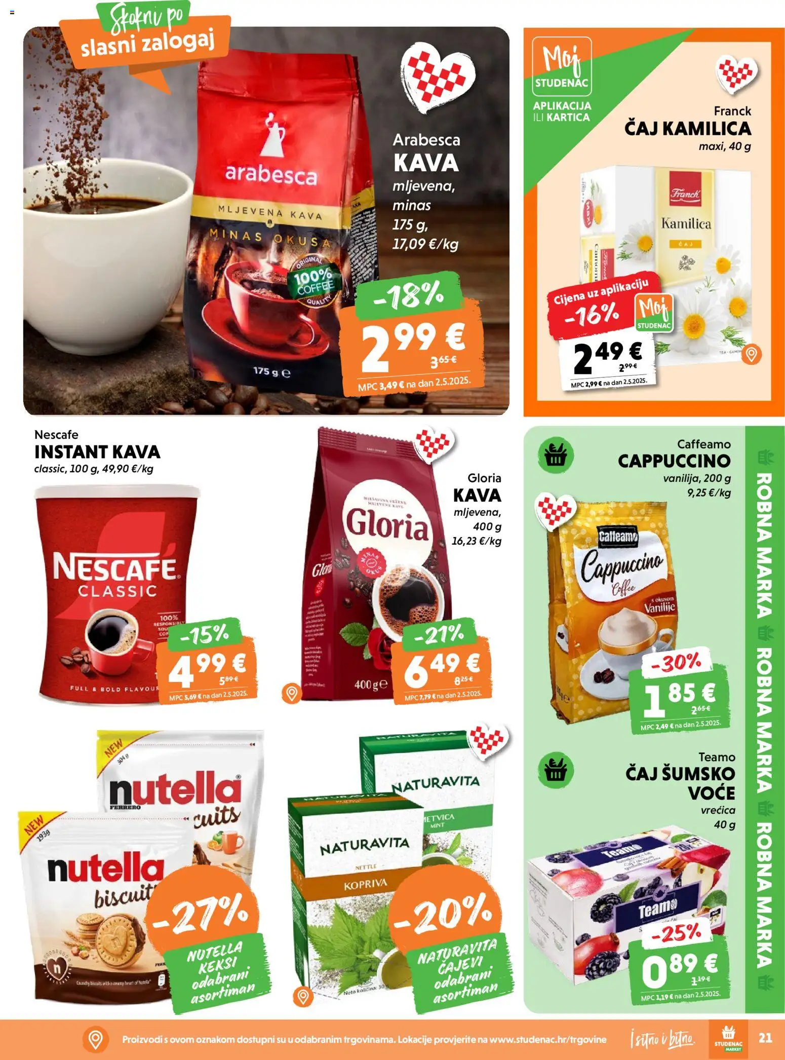 Studenac katalog | vrijedi od 22.04.2026 | Stranica: 21 | Proizvodi: Keksi, Arabesca, Voće, Cappuccino