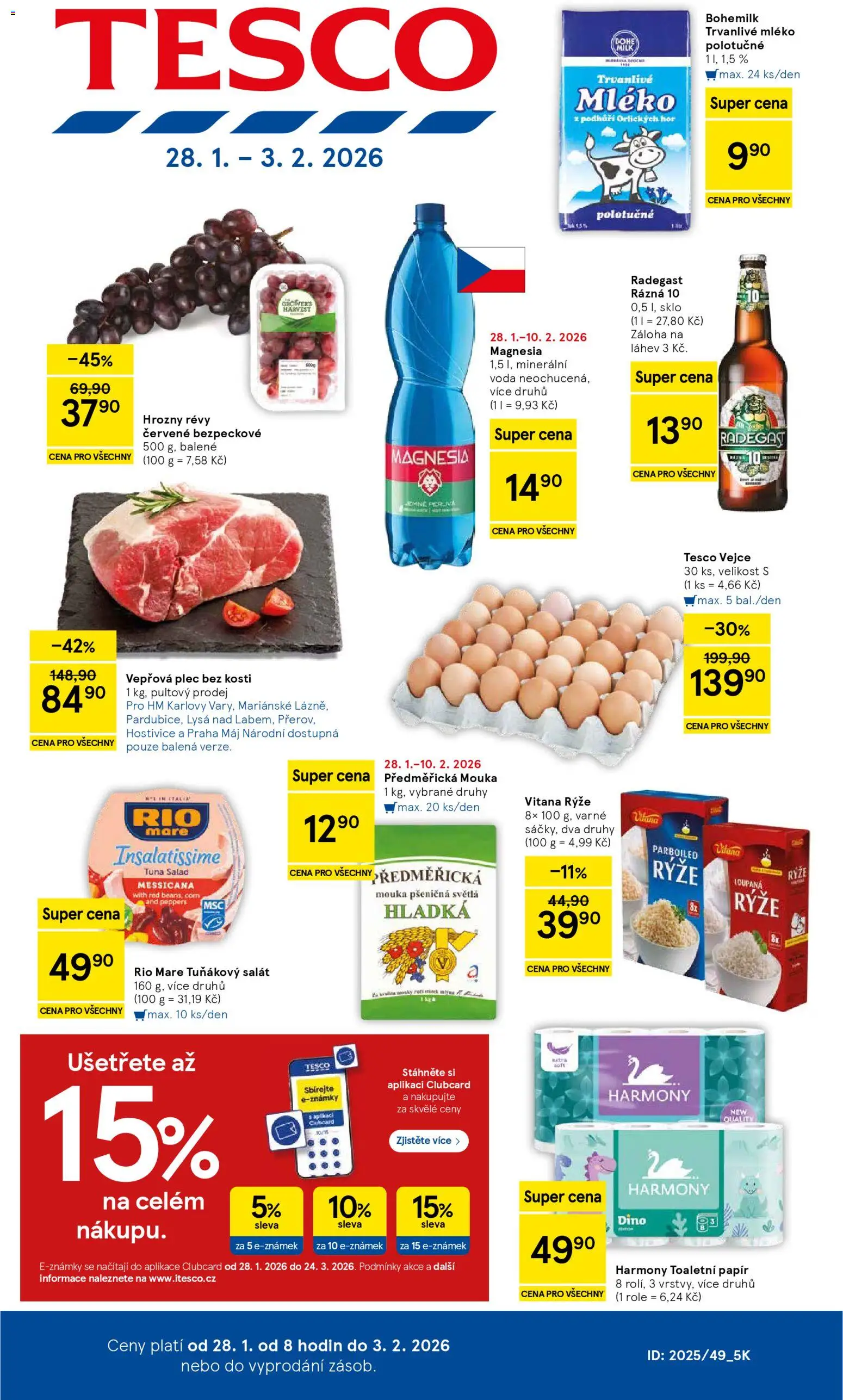 Tesco leták - Hypermarket od 28.01.2026 | Strana: 1 | Produkty: Mléko, Rýže, Předměřická mouka, Tuňákový salát