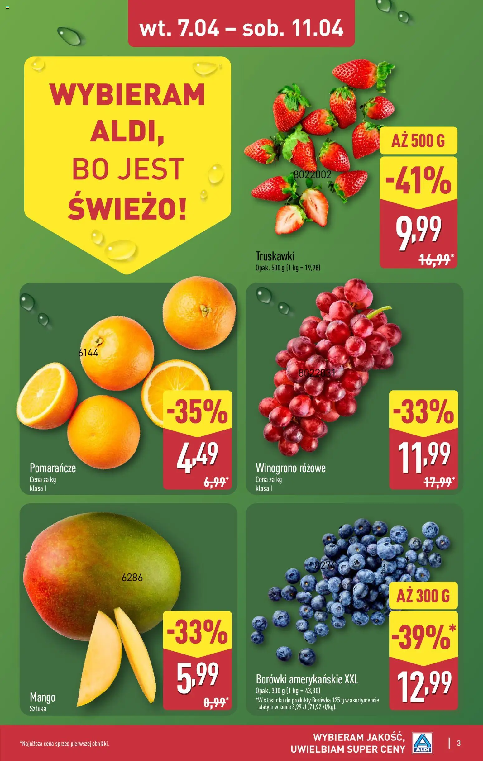 Aldi gazetka od 07.04.2026 | Strona: 3 | Produkty: Mango, Winogrono, Pomarańcze, Truskawki