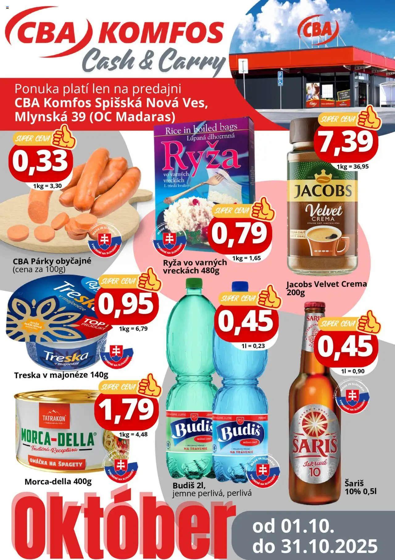 Nové CBA Komfos akcie – leták je platný od 01.10.2025 | Strana: 1 | Produkty: Jacobs Velvet, Budiš, Omáčka, Špagety