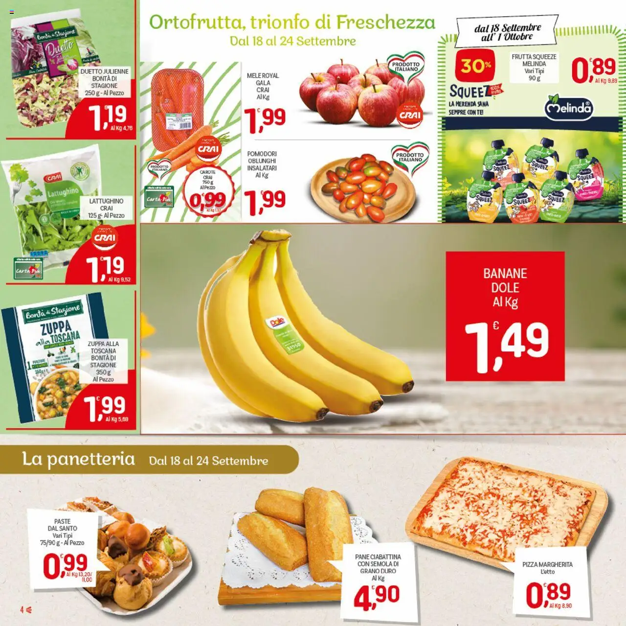 Volantino CRAI del 18.09.2025 | Pagina: 4 | Prodotti: Pane, Banane, Frutta, Pomodori