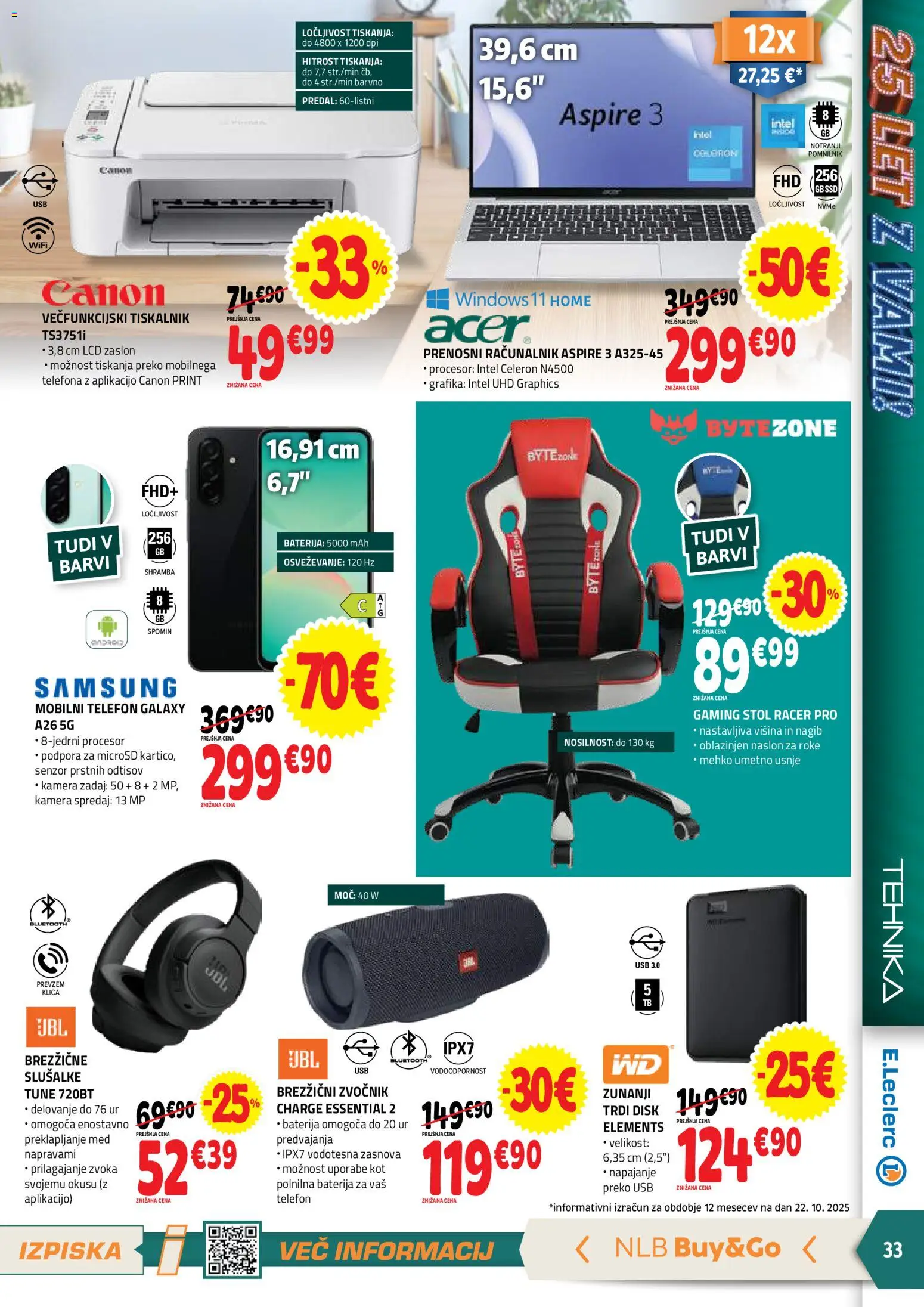 Novi E.leclerc katalog ponudbe – veljaven od 05.11.2025 | Stran: 33 | Izdelki: Tiskalnik, Slusalke, Disk, Zvocnik