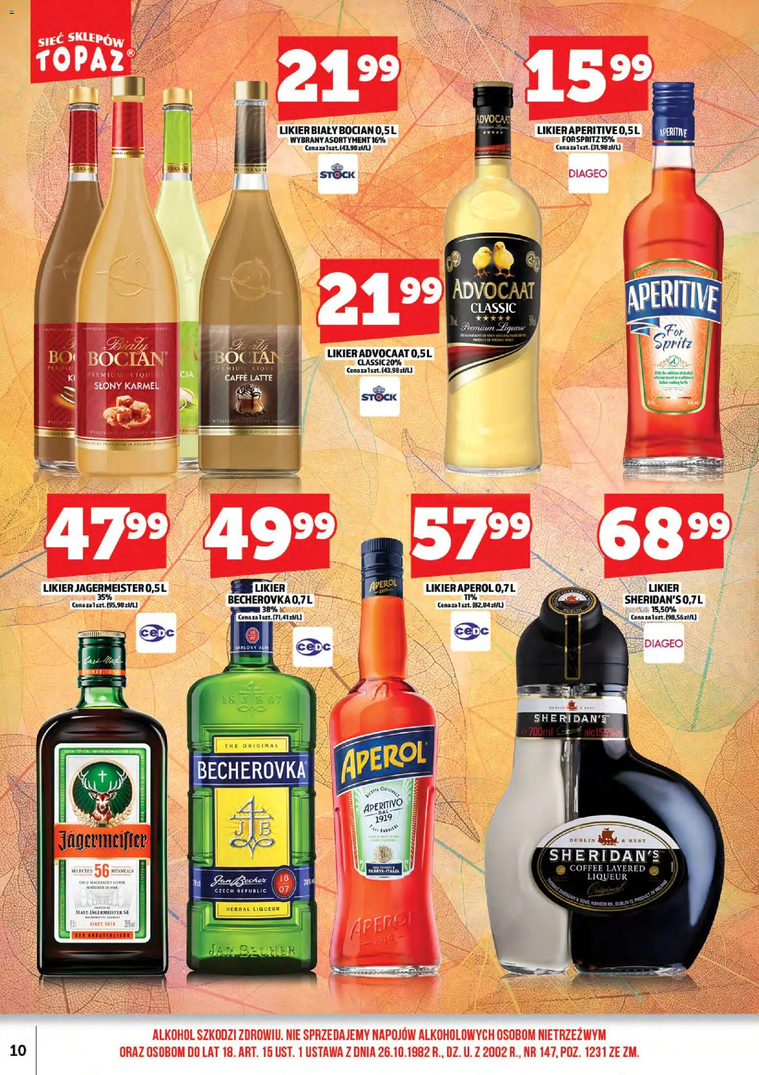 Topaz Gazetka alkoholowa od 17.11.2025 | Strona: 12 | Produkty: Becherovka, Jagermeister, Alkohol, Aperol