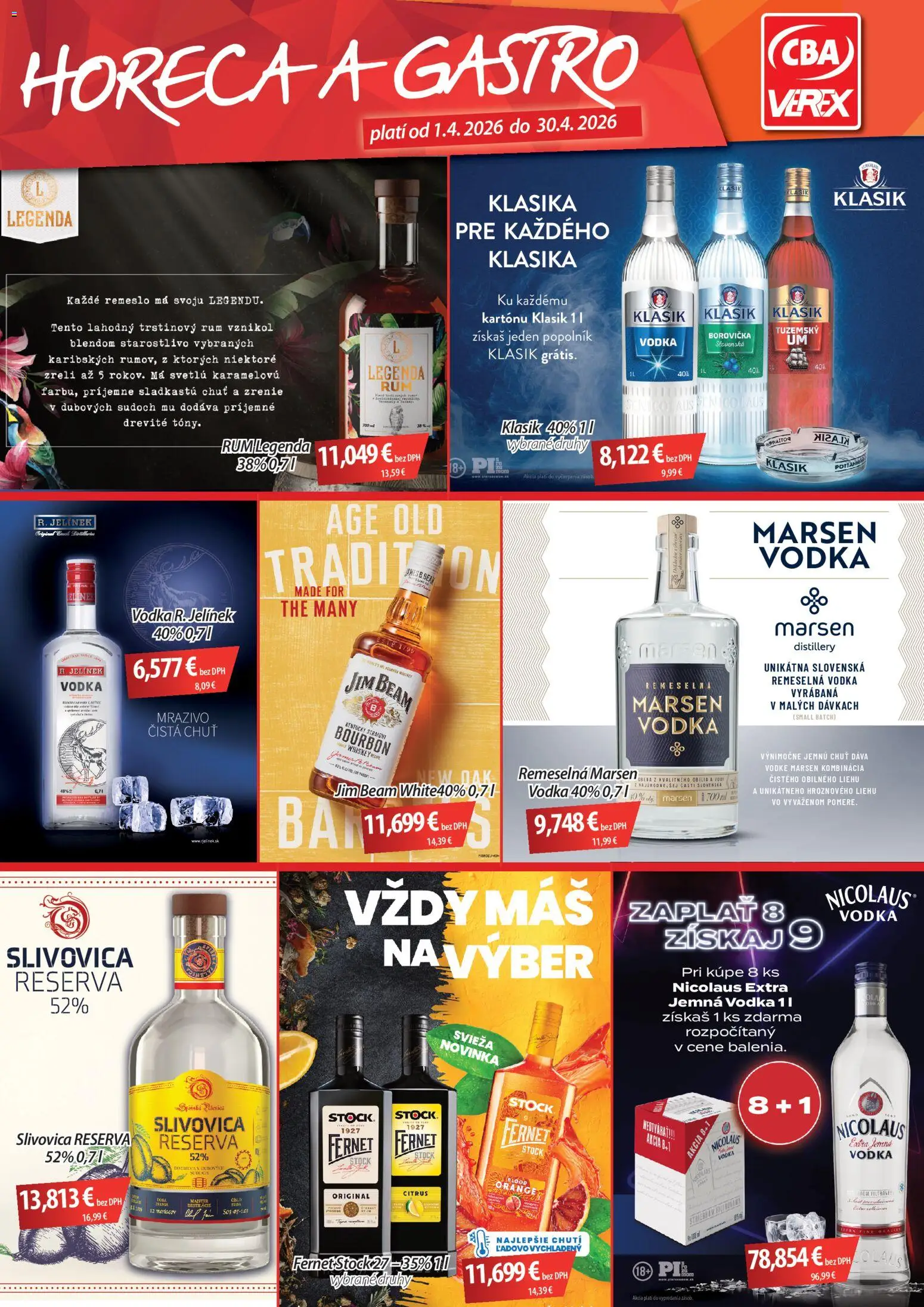 Nové CBA Verex akcie – leták je platný od 01.04.2026 | Strana: 1 | Produkty: Jim Beam, Slivovica, Fernet, Rum