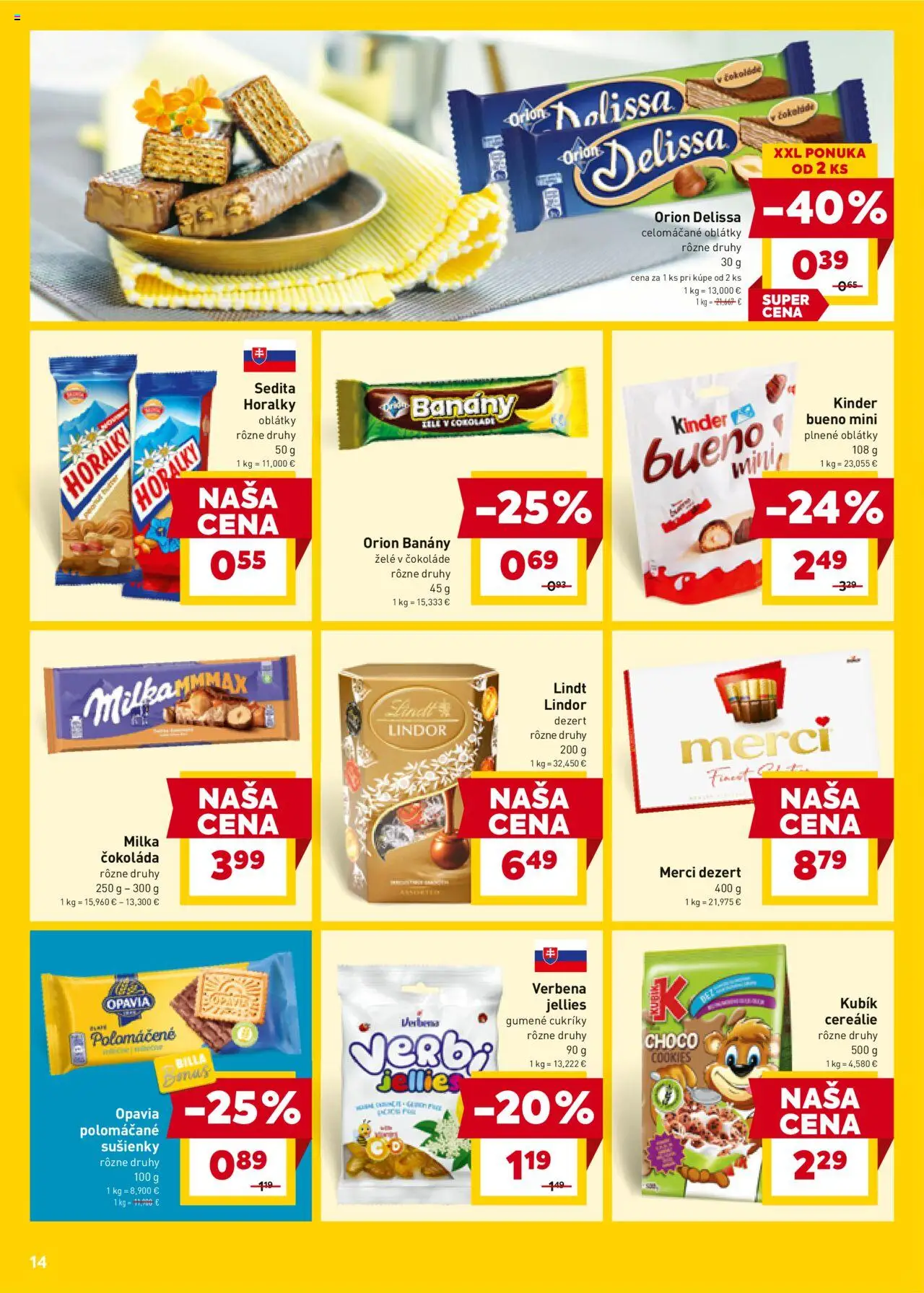 Billa leták │ platný od 06.08.2025 | Strana: 14 | Produkty: Banány, Merci, Milka, Horálky