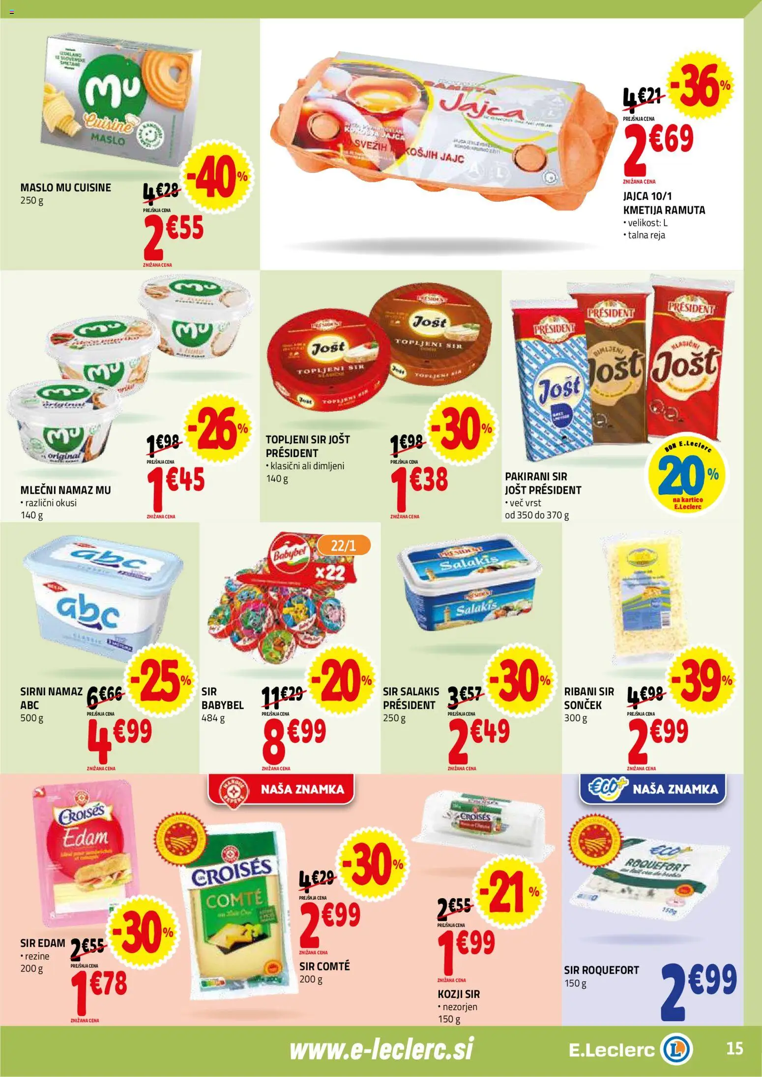 Novi E.leclerc katalog ponudbe – veljaven od 18.02.2026 | Stran: 15 | Izdelki: Sirni namaz, Maslo, Sir, Jajca