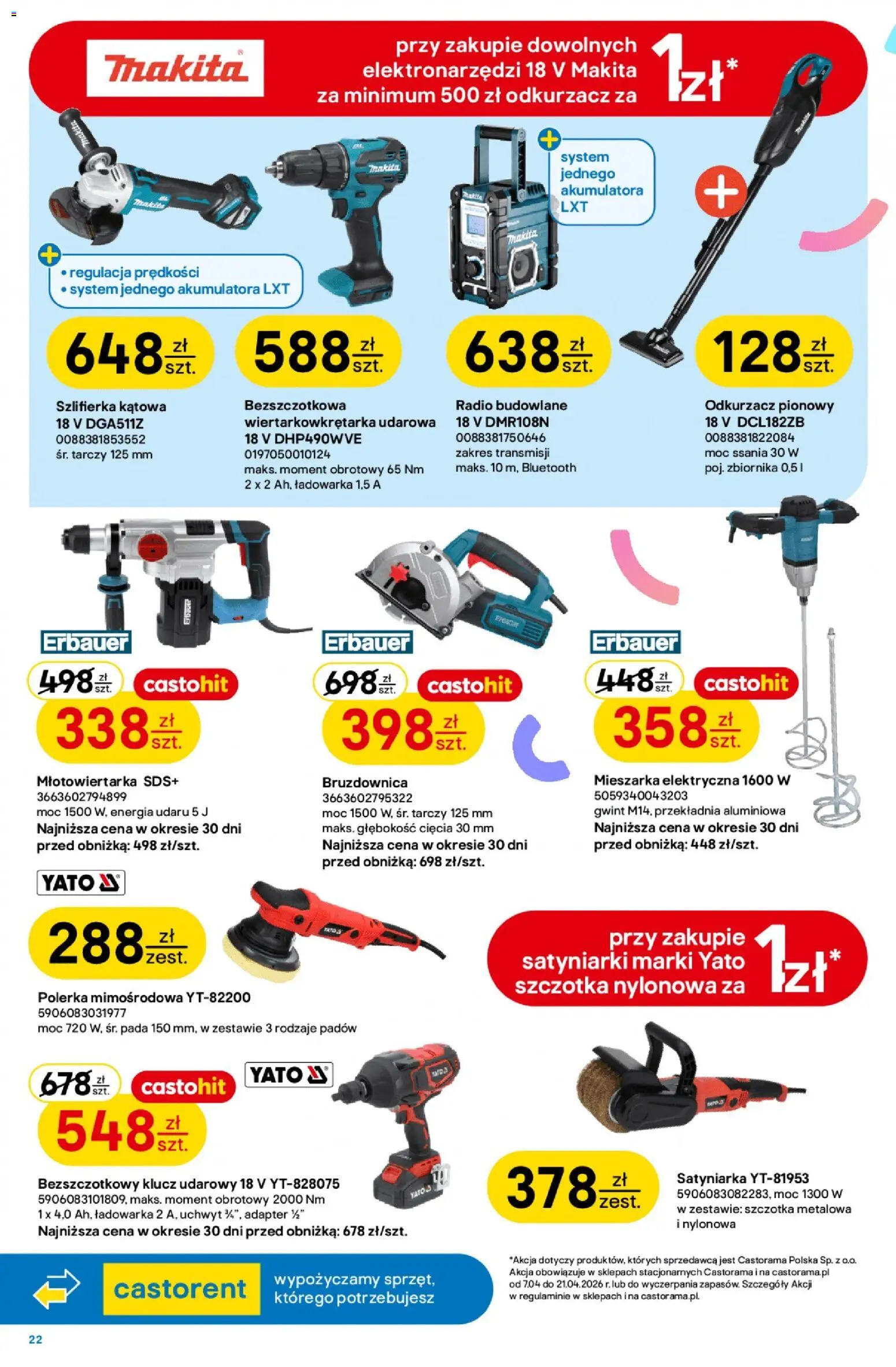 Castorama gazetka od 07.04.2026 | Strona: 22 | Produkty: Klucz udarowy, Odkurzacz, Radio budowlane, Szlifierka