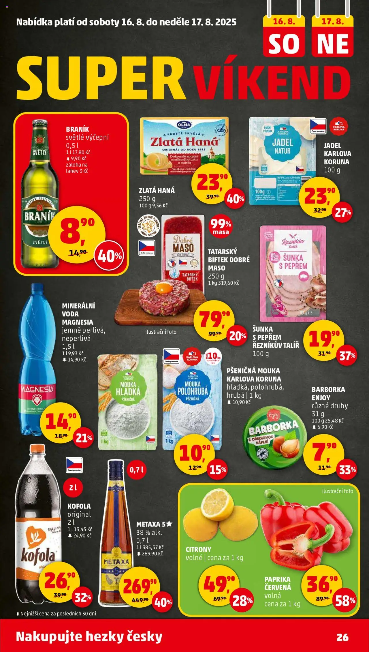 Penny Market leták - Čtvrtečník od 14.08.2025 | Strana: 26 | Produkty: Metaxa, Tatarský biftek, Braník, Minerální voda