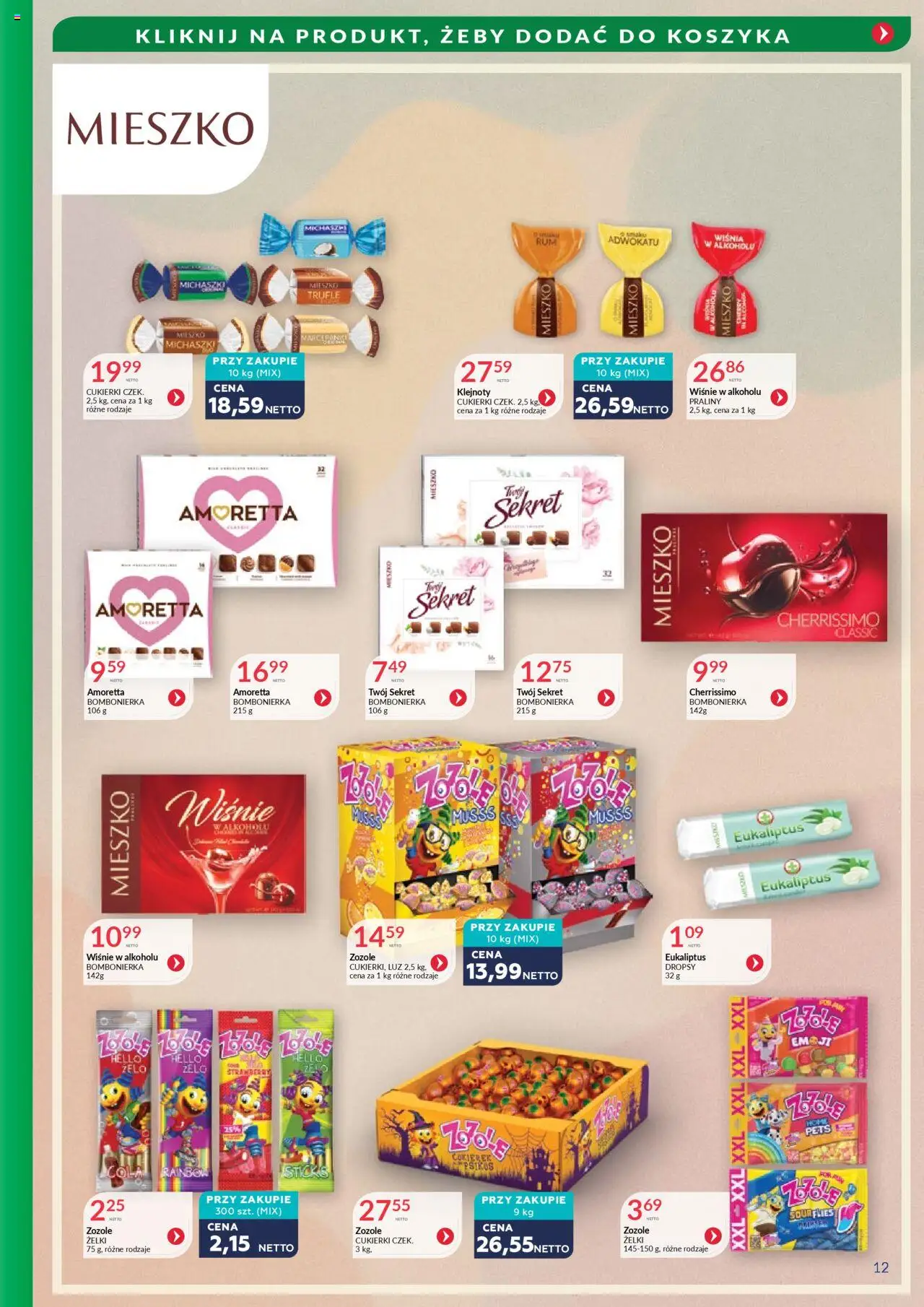 Eurocash Gazetka - Słodycze kawy i herbaty od 01.10.2025 | Strona: 12 | Produkty: Praliny, Wiśnie, Żelki, Cukierki