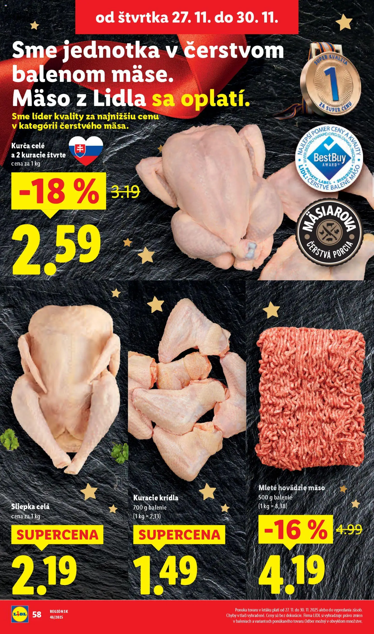 Nové Lidl akcie – leták je platný od 27.11.2025 | Strana: 12 | Produkty: Hovädzie mäso, Kuracie krídla, Kurča