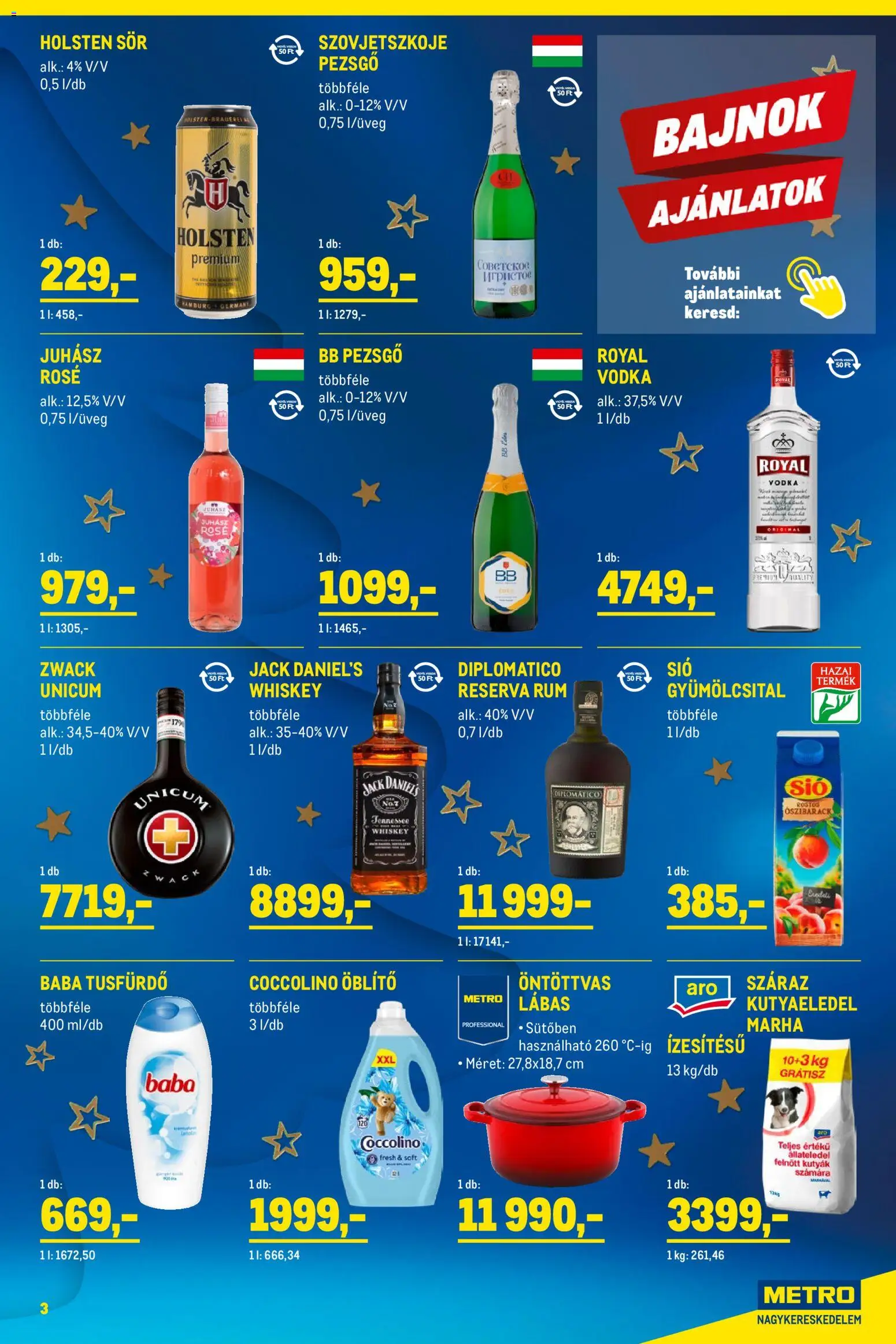 Metro akciós ujság - amely érvényes a következő dátumtól: 01.12.2025 | Oldal: 3 | Termékek: Whiskey, Kutyaeledel, Sör, Tusfürdő