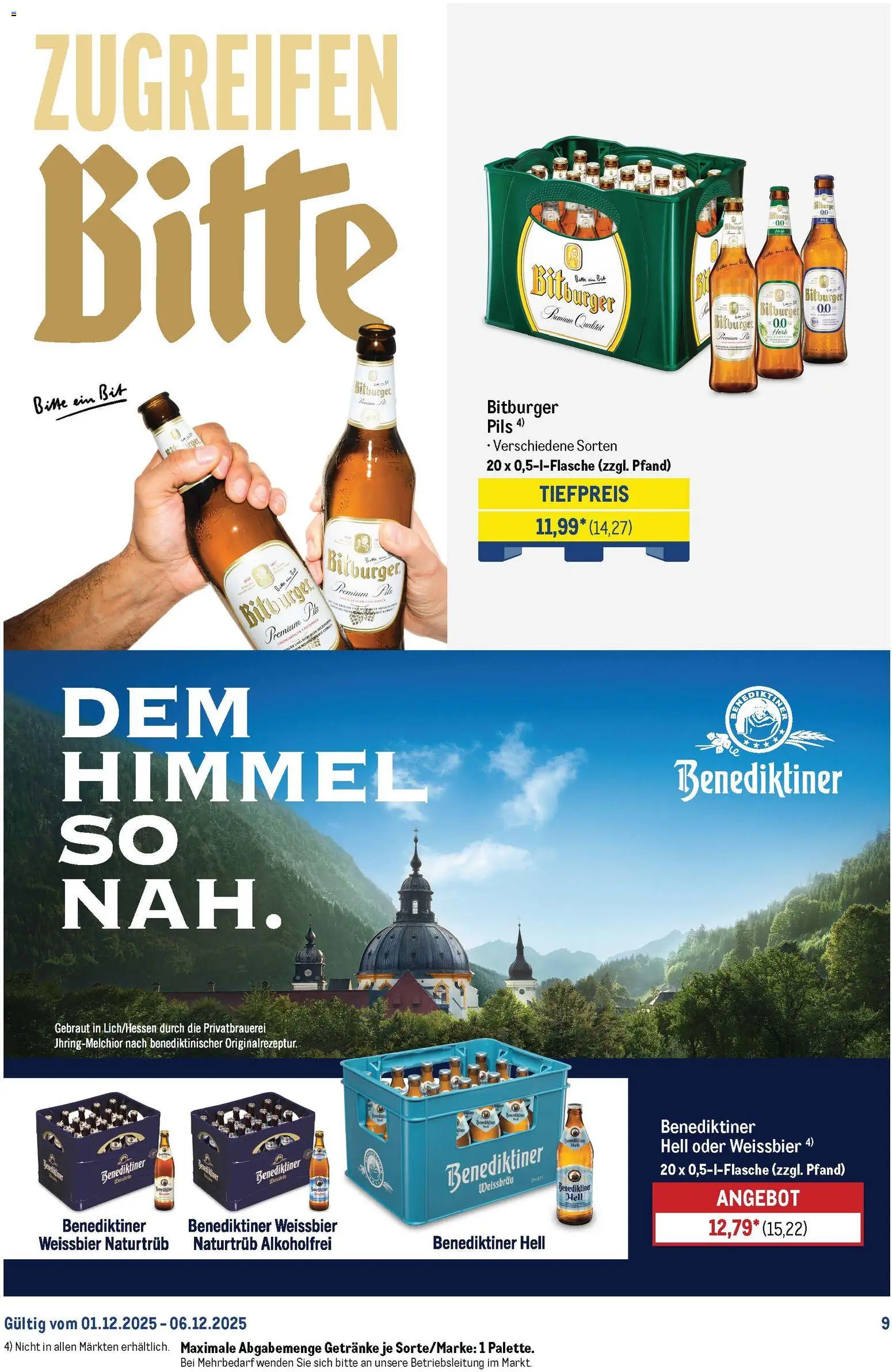 Metro Starke Marken – gültig ab 01.12.2025 | Seite: 9 | Produkte: Bitburger, Weißbier, Pils, Benediktiner hell