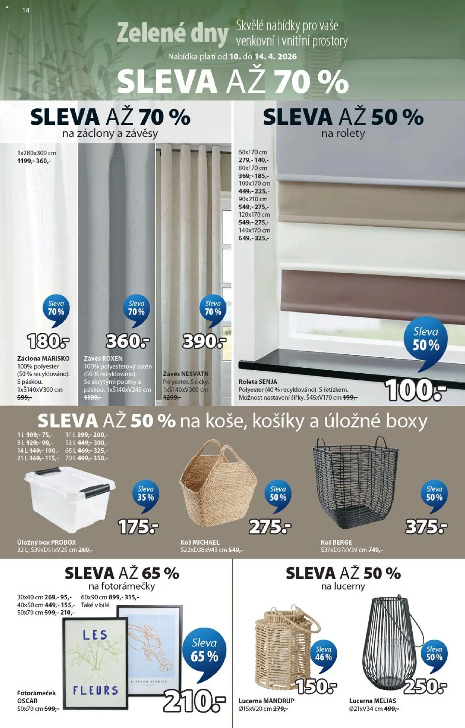 JYSK leták - Zelené dny od 10.04.2026 | Strana: 14 | Produkty: Lucerna, Fotorámeček, Koš, Lucerny