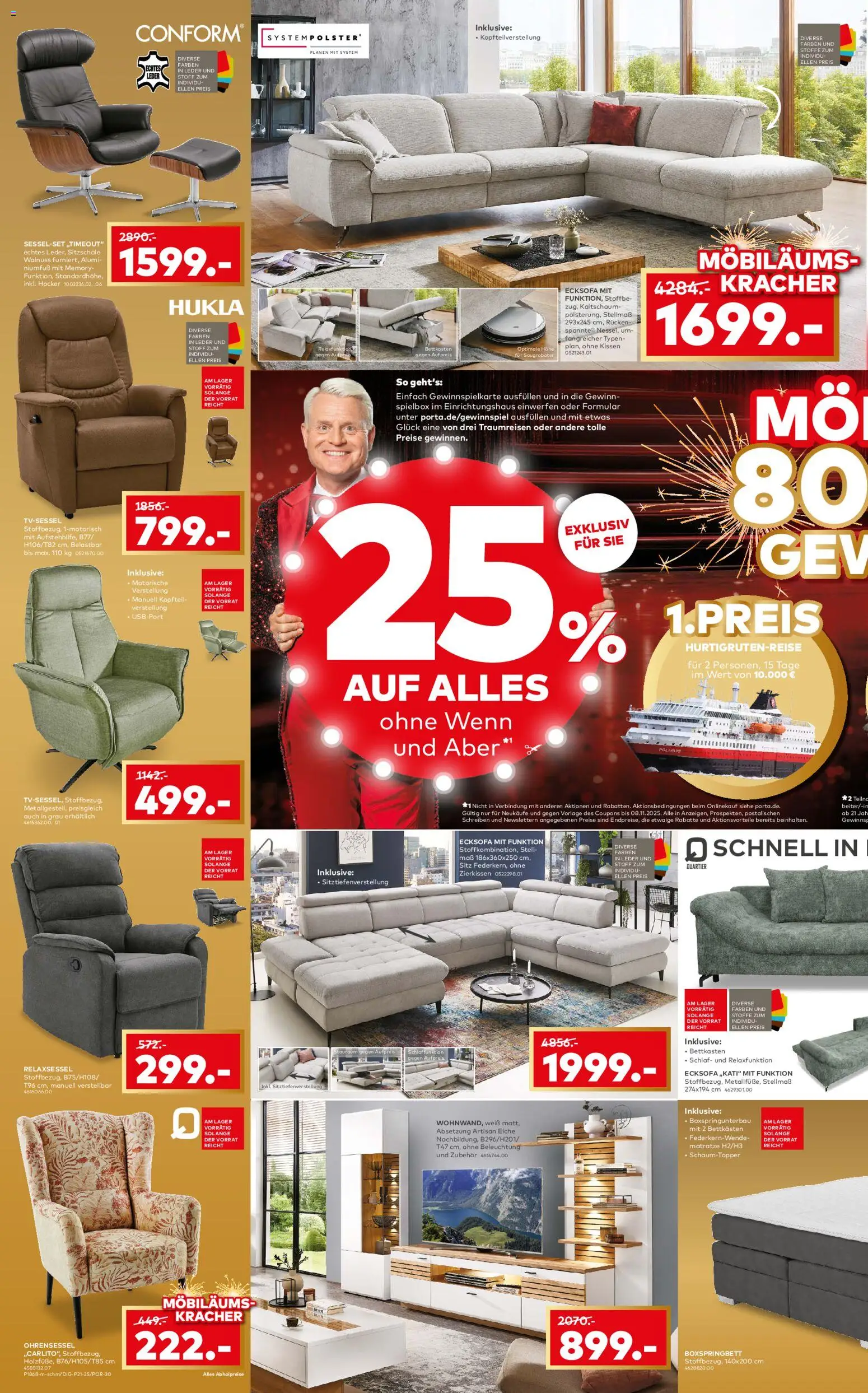 Porta! Möbiläum bei porta mit 25% auf ALLES, ohne Wenn und Aber - Halberstadt – gültig ab 03.11.2025 | Seite: 2 | Produkte: Ecksofa, Kissen, Sessel, Boxspringbett